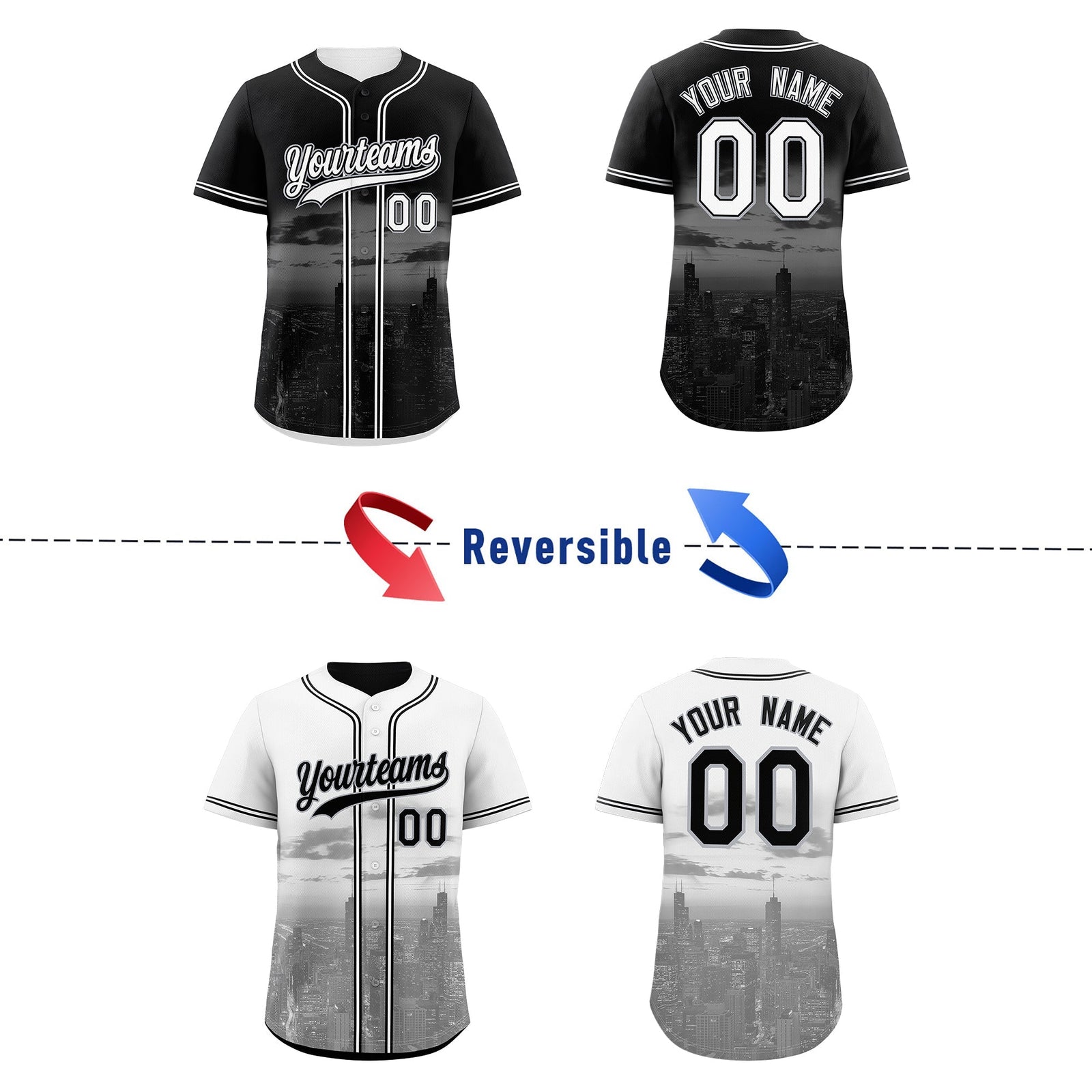 Custom Black White Reversible City Edition Graffiti Pattern Stretch Fabric Baseball Jersey| KXKSHOP