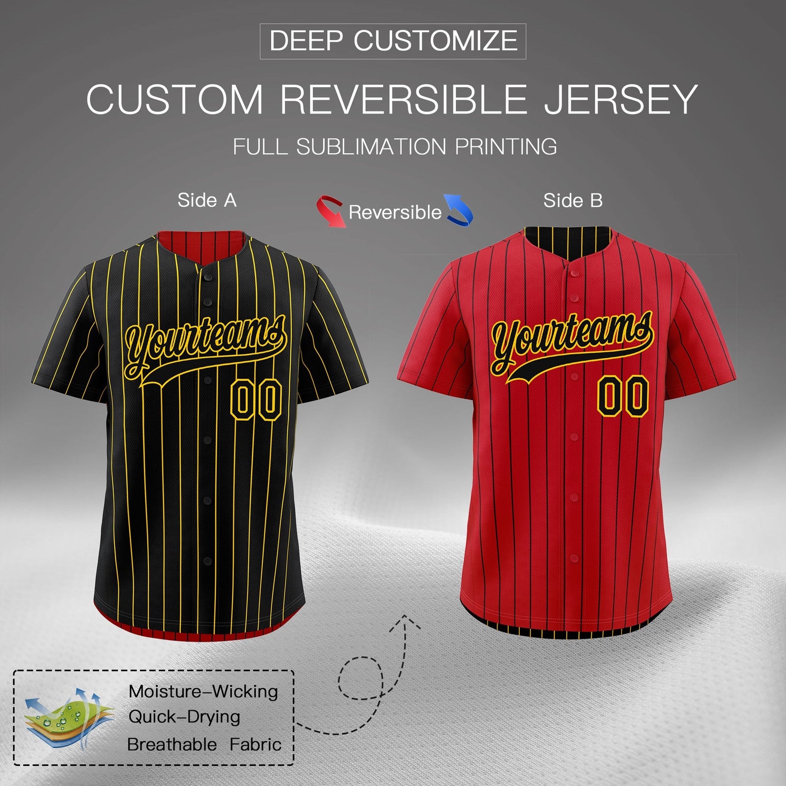 Custom Black Gold Reversible Stripe Fashion Baseball Jersey| KXKSHOP