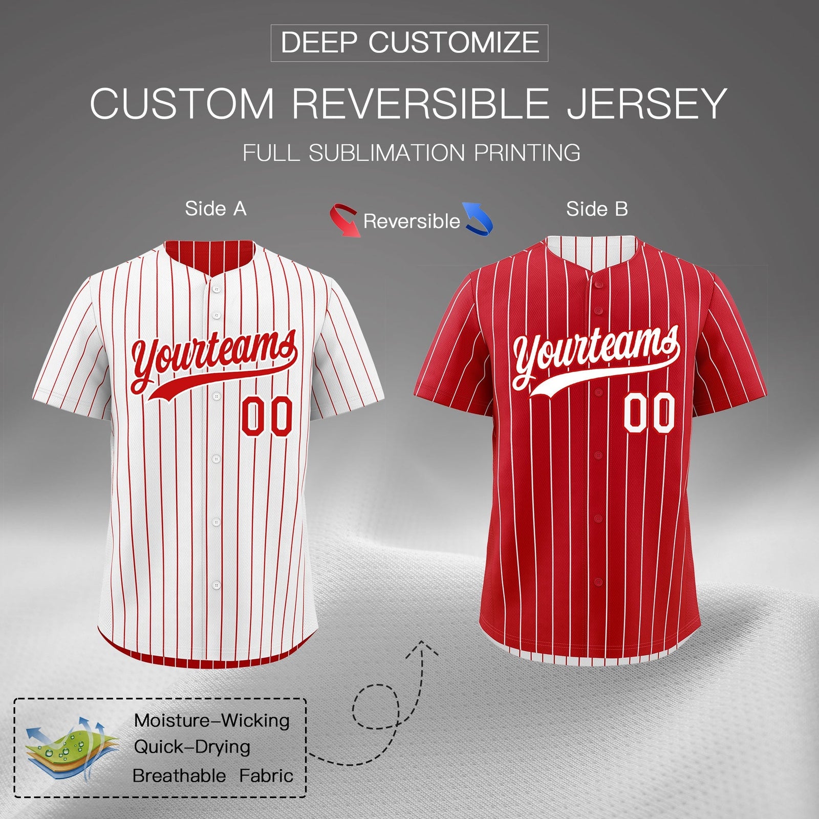 Custom Red White Reversible Stripe Fashion Baseball Jersey| KXKSHOP