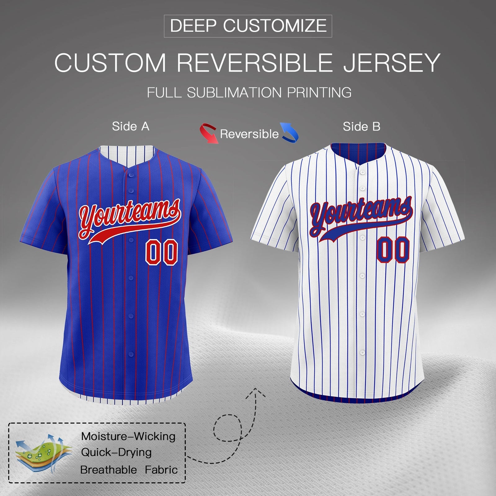 Custom Red White Royal Blue Reversible Stripe Fashion Baseball Jersey| KXKSHOP