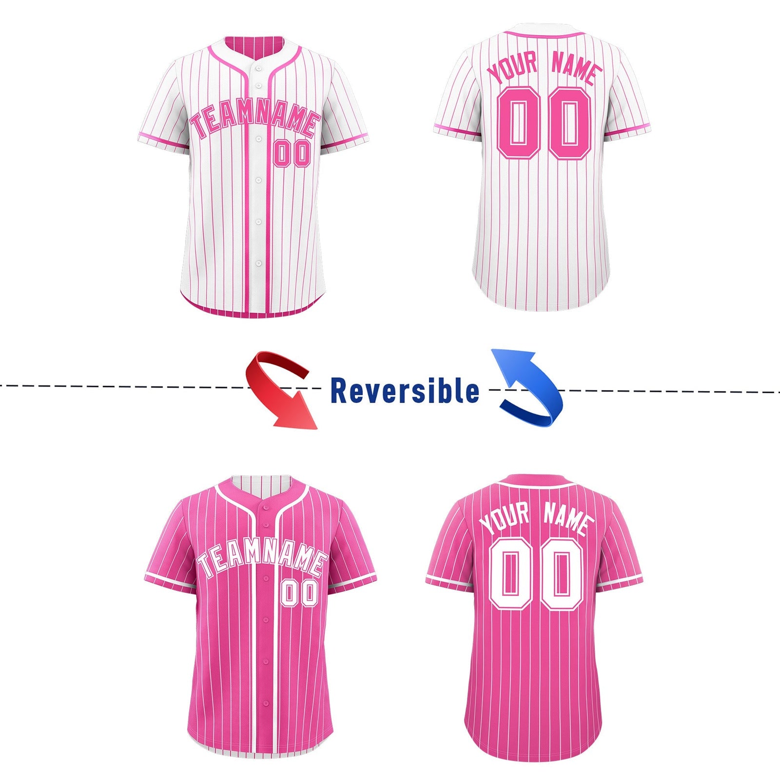 Custom Pink White Reversible Stripe Fashion Baseball Jersey| KXKSHOP