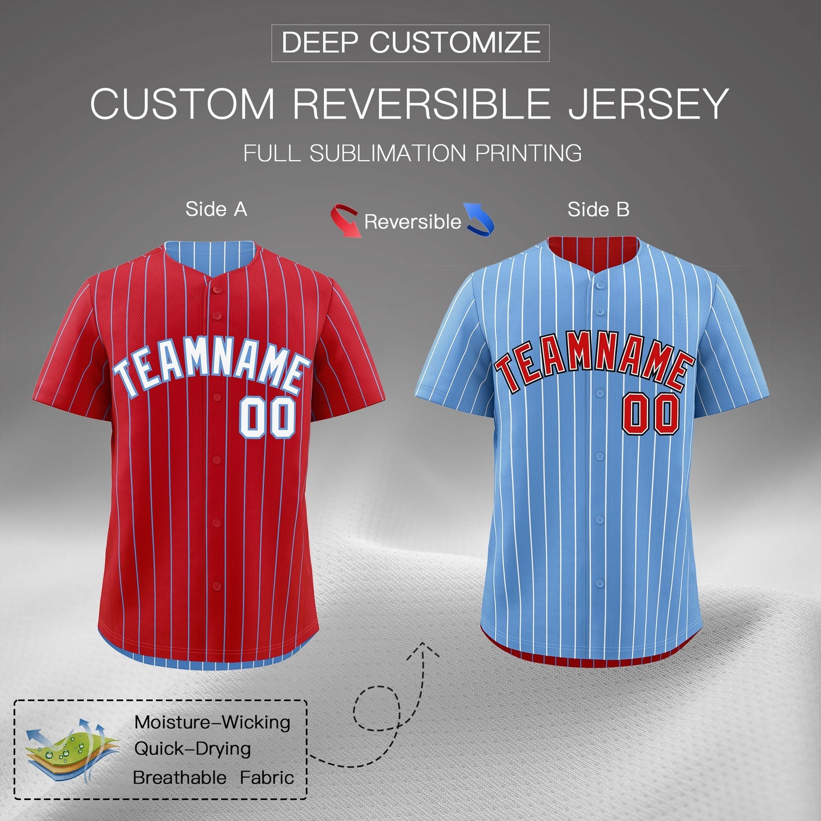 Custom White Light Blue Red Reversible Stripe Fashion Baseball Jersey| KXKSHOP