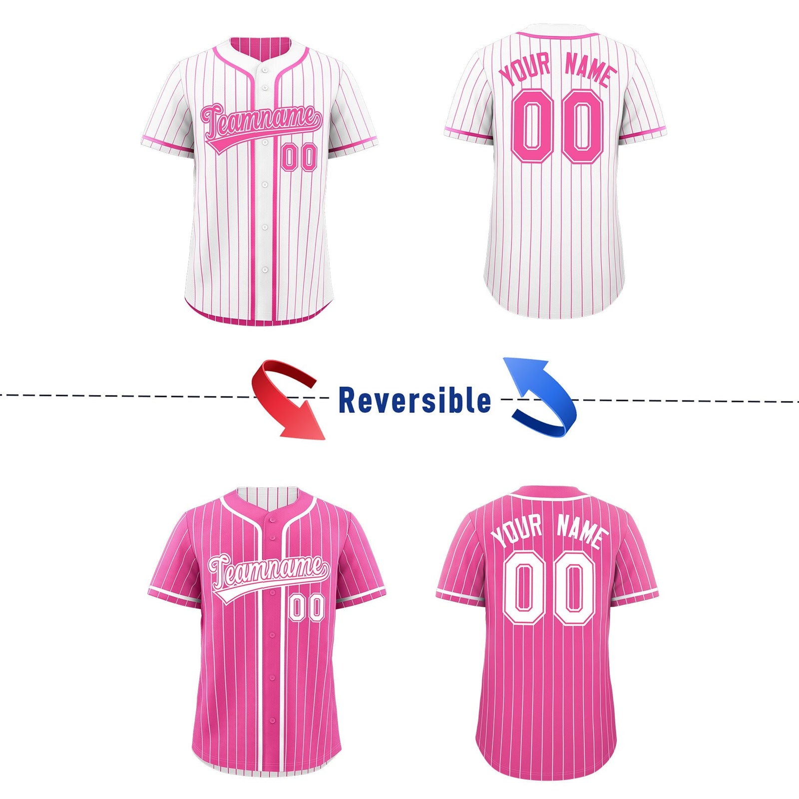 Custom Pink White Reversible Stripe Fashion Baseball Jersey| KXKSHOP