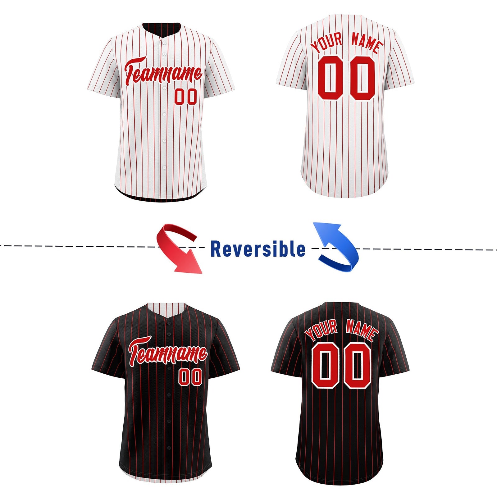 Custom Red White Reversible Stripe Fashion Baseball Jersey| KXKSHOP