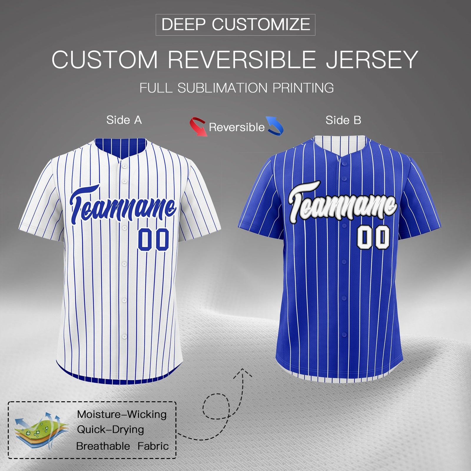 Custom Royal Blue White Black Reversible Stripe Fashion Baseball Jersey| KXKSHOP