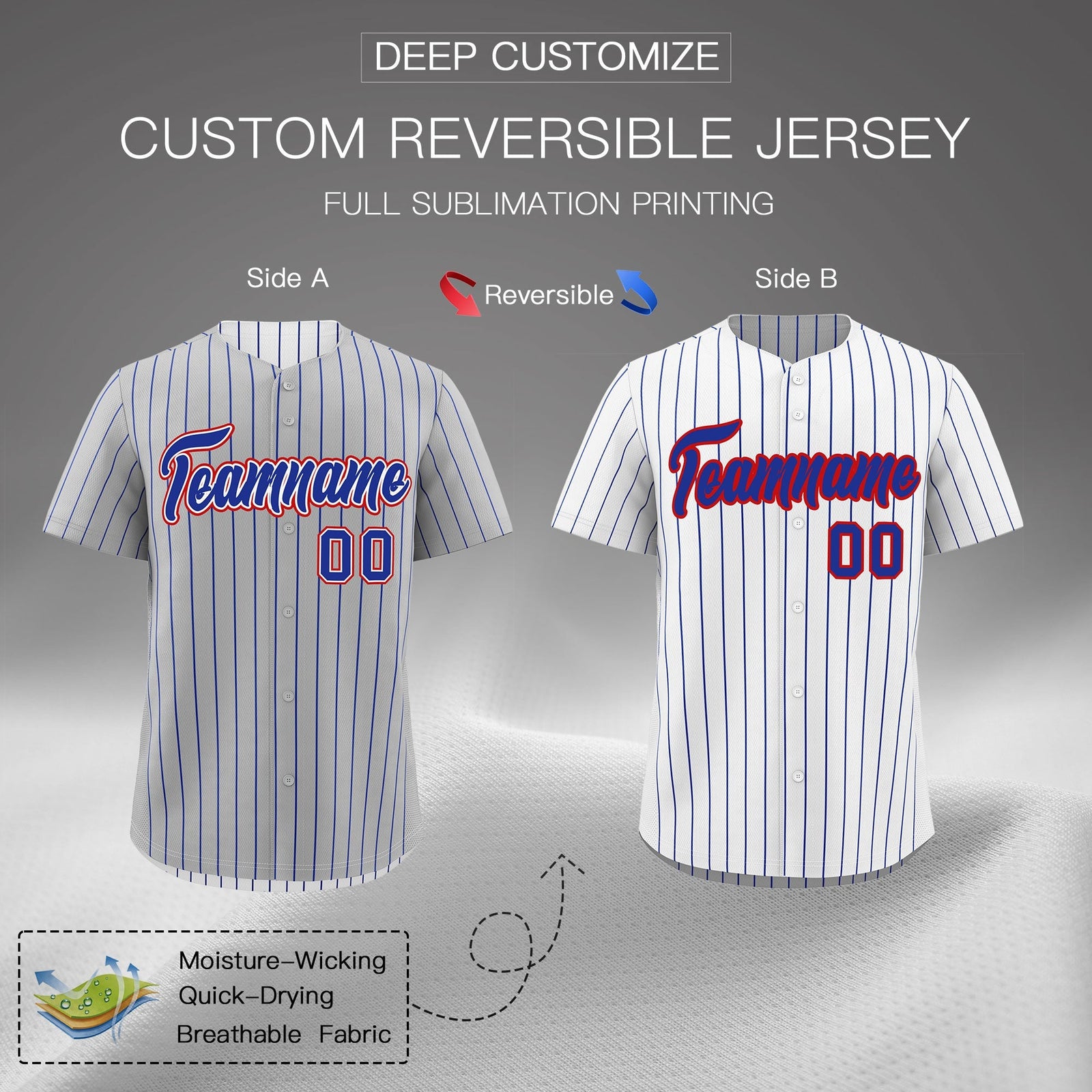 Custom Royal Blue White Red Reversible Stripe Fashion Baseball Jersey| KXKSHOP