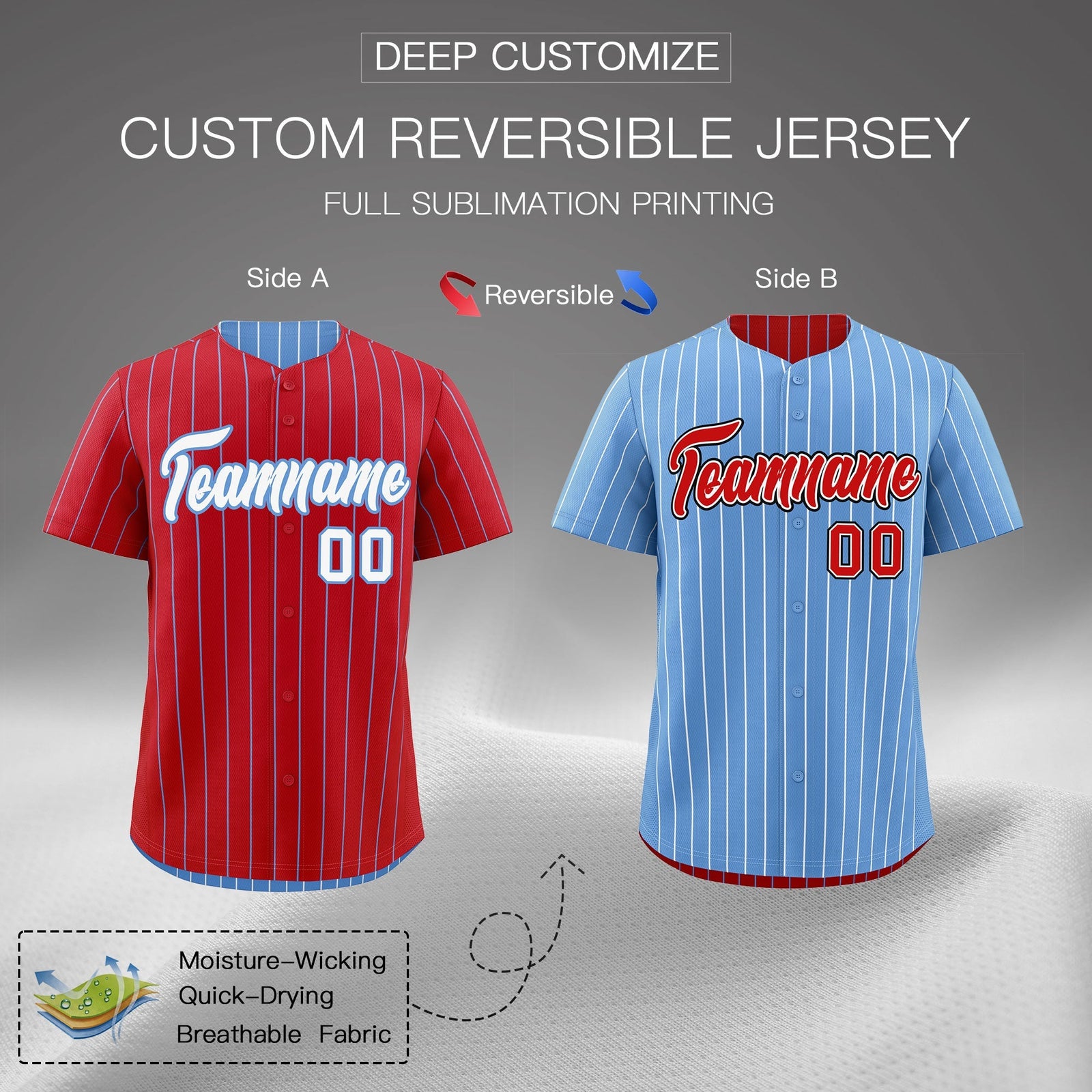 Custom White Light Blue Red Reversible Stripe Fashion Baseball Jersey| KXKSHOP