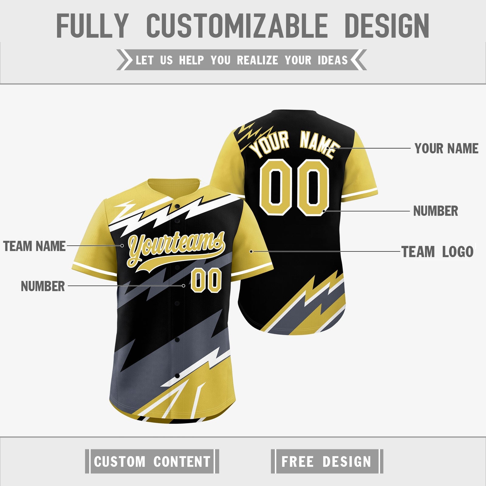 Custom Black Old Gold Gray short sleeves Reversible Lightning Pattern Graffiti Graffiti Pattern Moisture-Wicking Baseball Jersey| KXKSHOP
