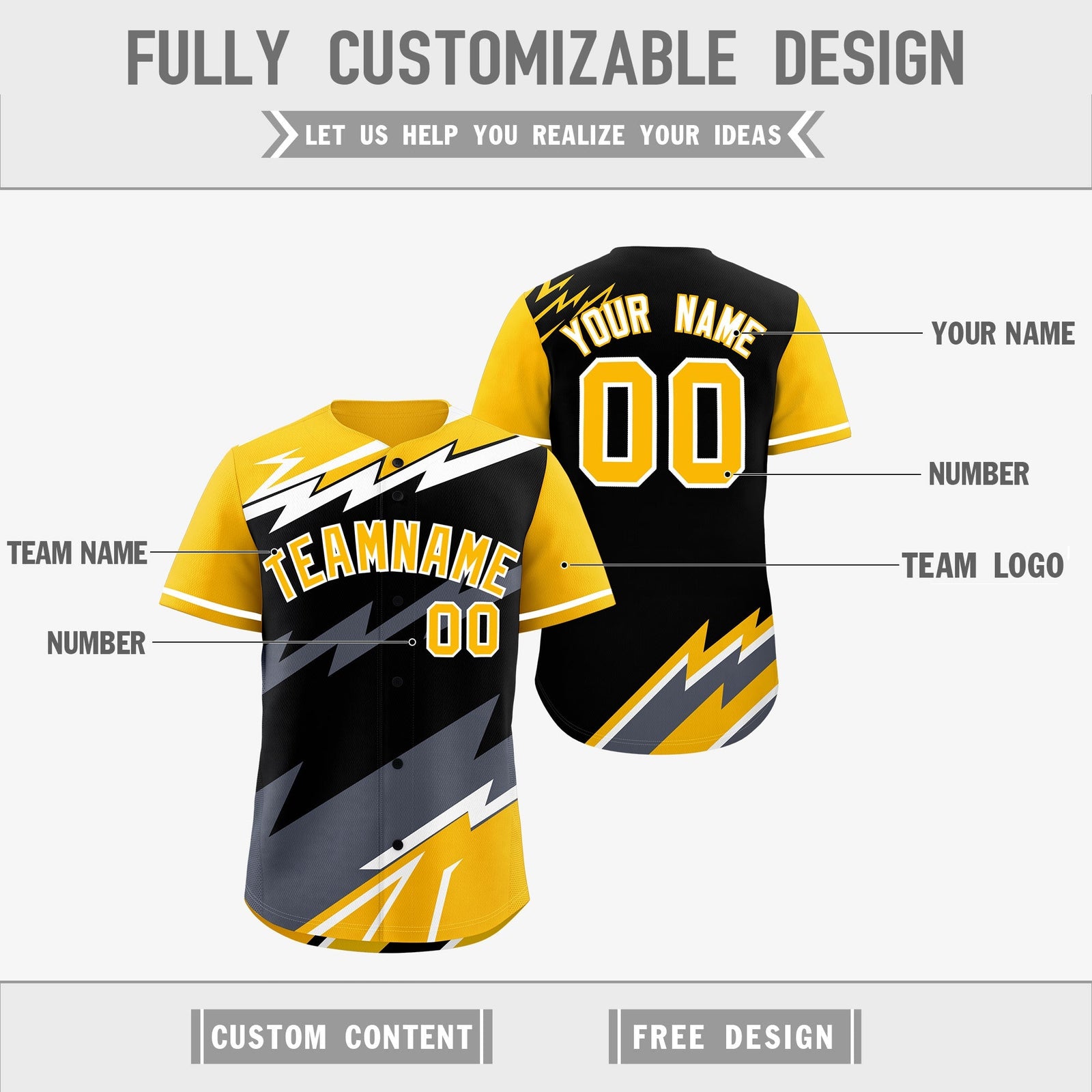 Custom Black Yellow Gray short sleeves Reversible Lightning Pattern Graffiti Graffiti Pattern Lightweight Baseball Jersey| KXKSHOP