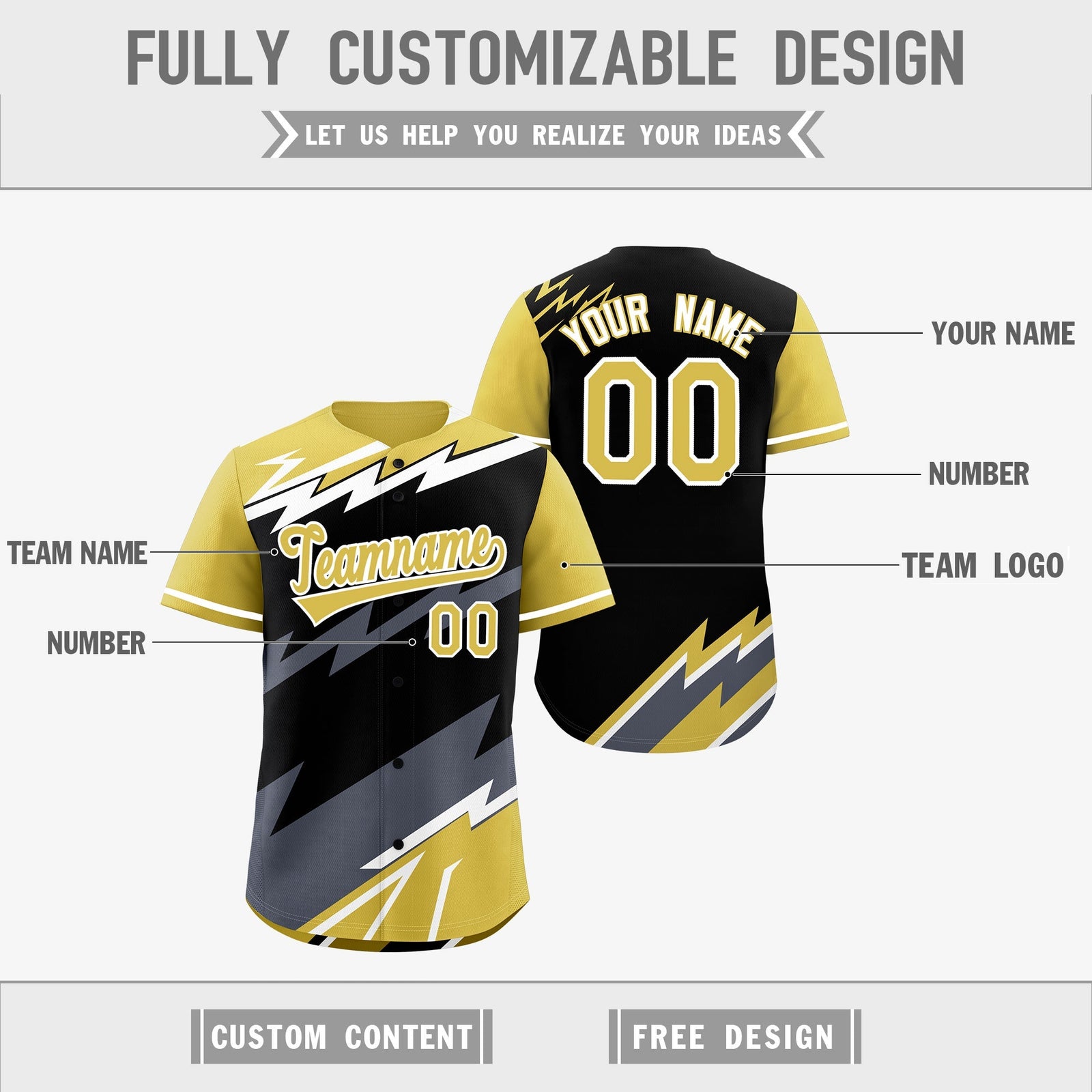 Custom Black Old Gold Gray short sleeves Reversible Lightning Pattern Graffiti Graffiti Pattern Moisture-Wicking Baseball Jersey| KXKSHOP