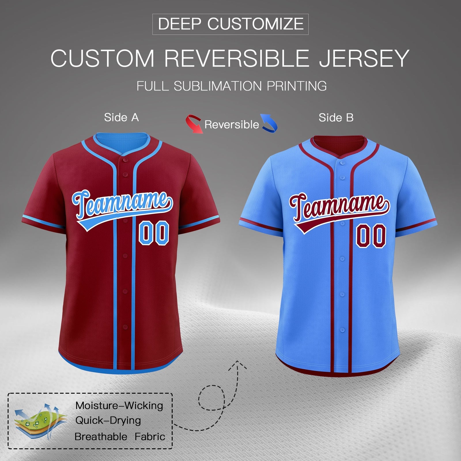 Custom Powder Blue White Reversible Classic Style Moisture-Wicking Baseball Jersey| KXKSHOP