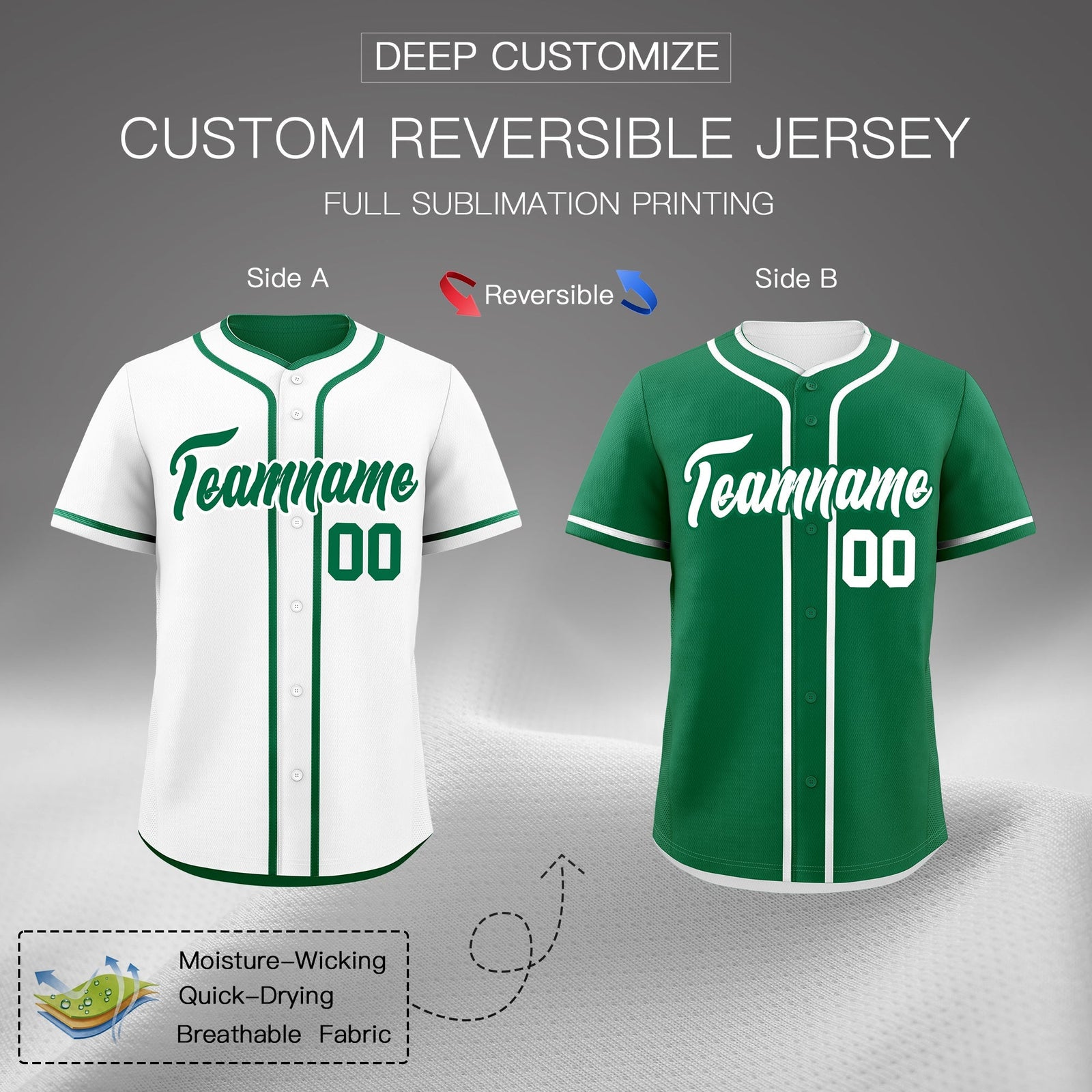 Custom Kelly Green White Reversible Classic Style Lightweight Baseball Jersey| KXKSHOP