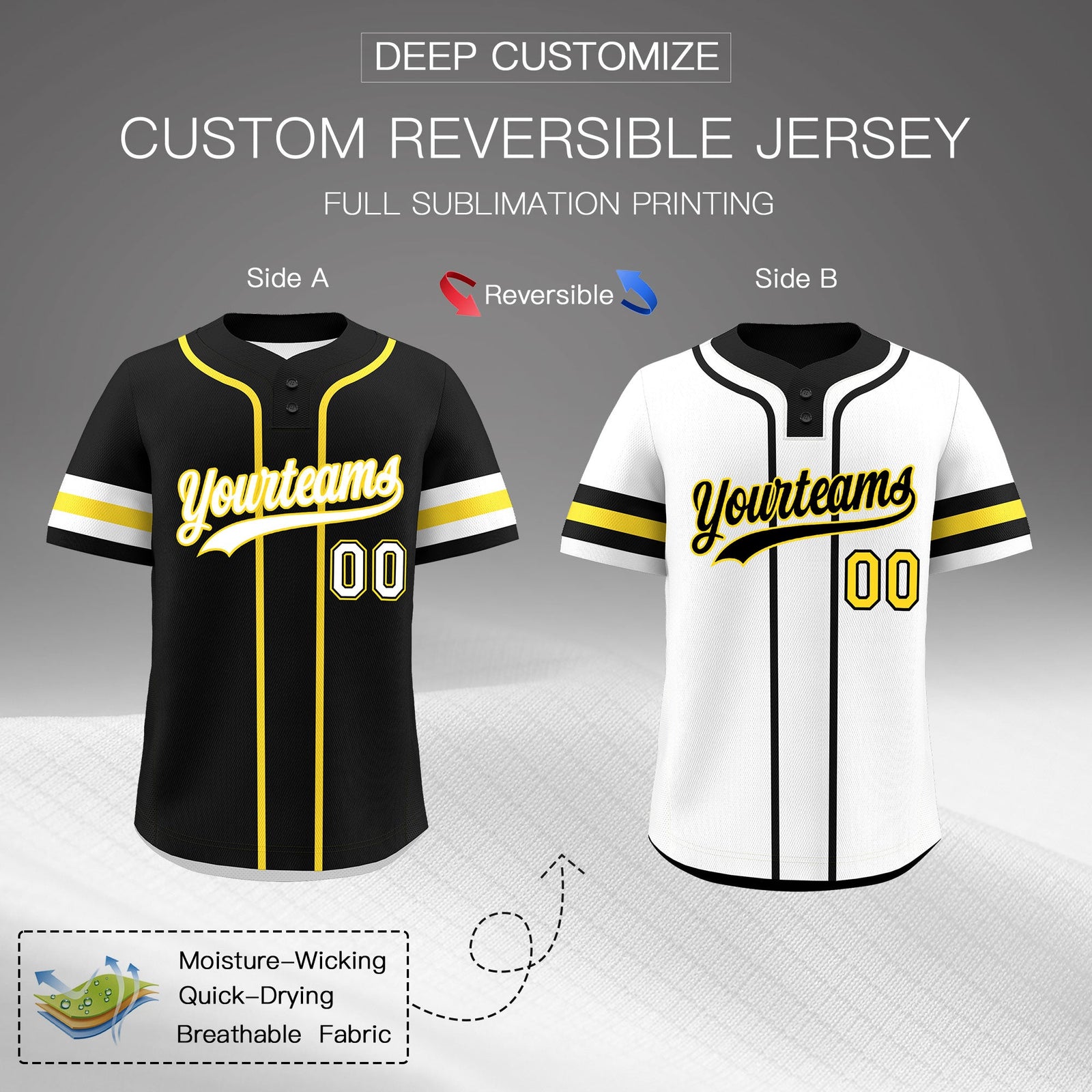 Custom White Gold Black Reversible Classic Style Two-Button Baseball Jersey| KXKSHOP