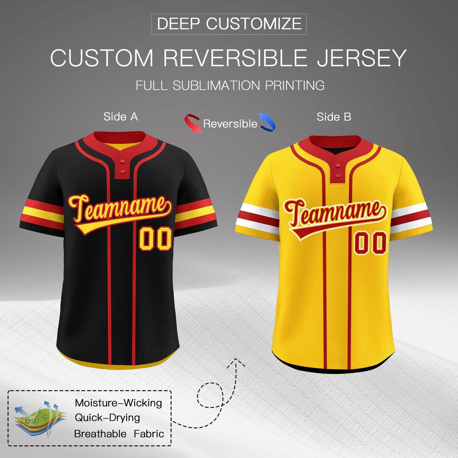 Custom Red Gold White Reversible Classic Style Two-Button Baseball Jersey| KXKSHOP