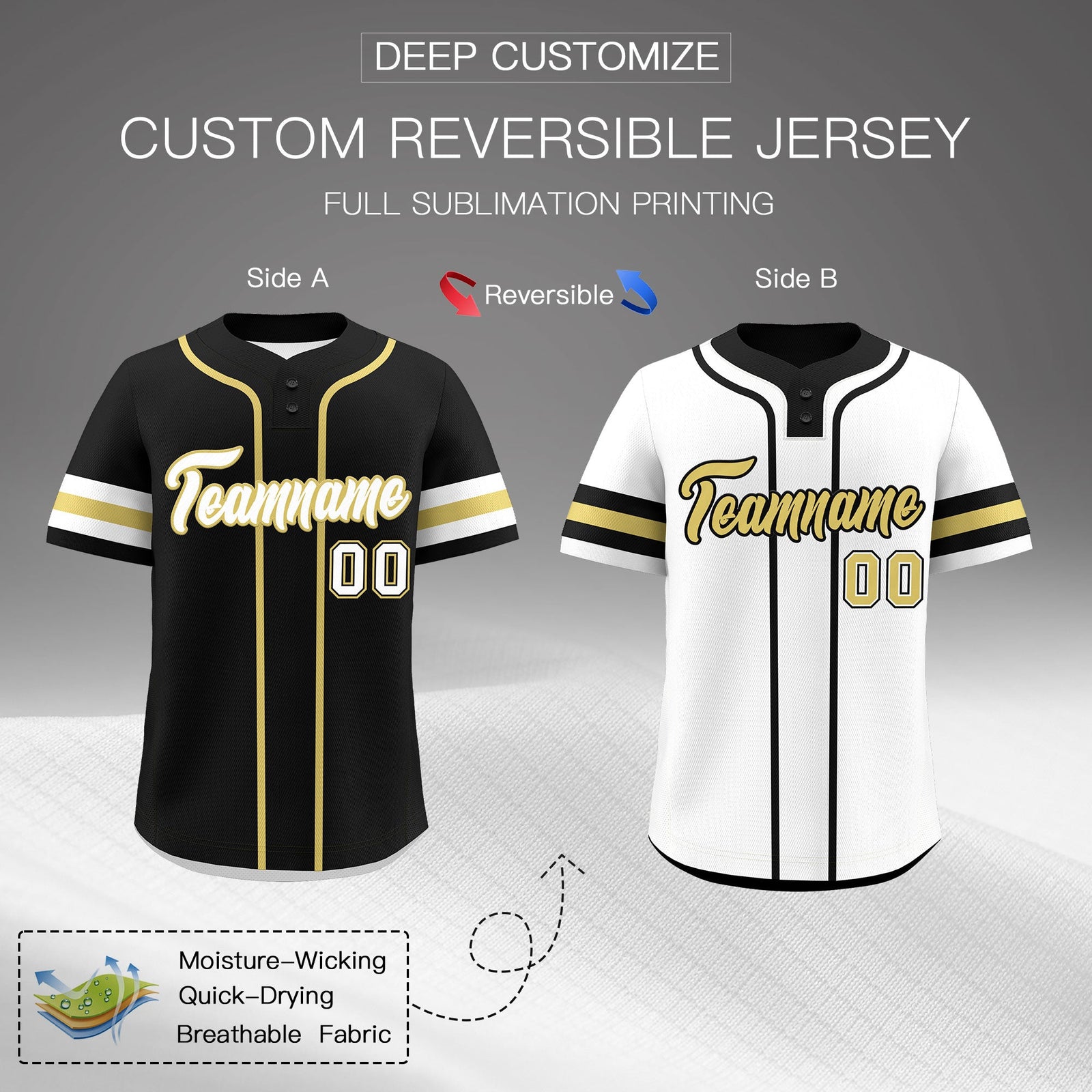 Custom White Old Gold Black Reversible Classic Style Two-Button Baseball Jersey| KXKSHOP