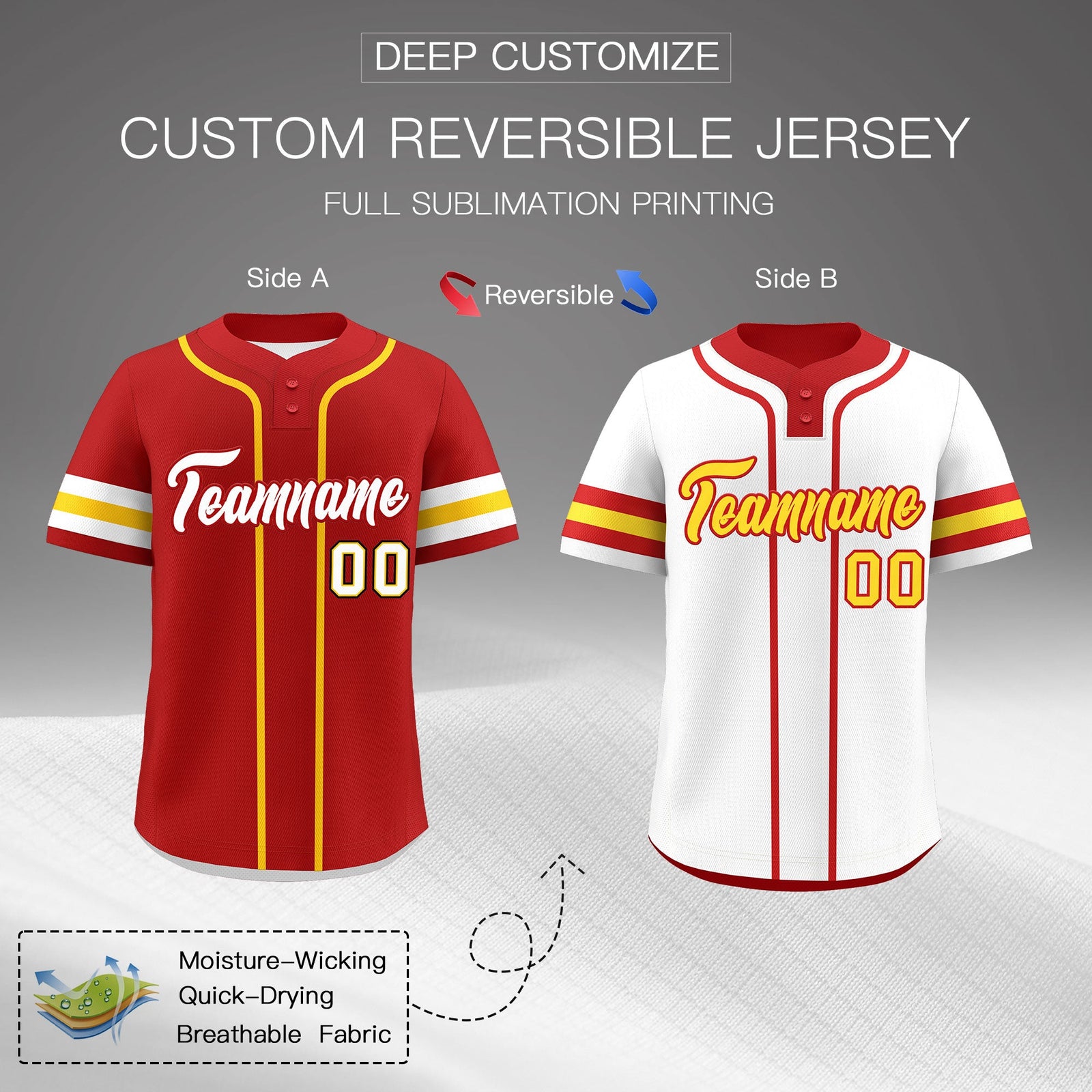 Custom White Gold Red Reversible Classic Style Two-Button Baseball Jersey| KXKSHOP