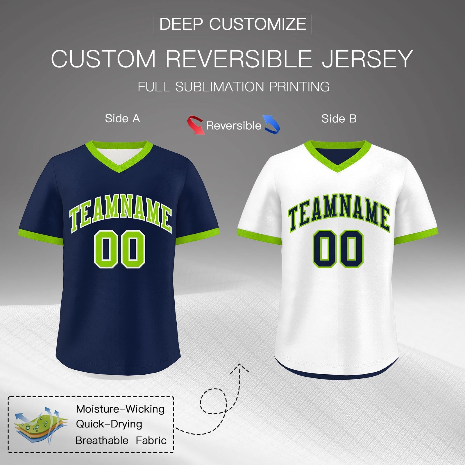 Custom White Navy Neon Green Reversible Classic Style Quick Dry Baseball Jersey| KXKSHOP