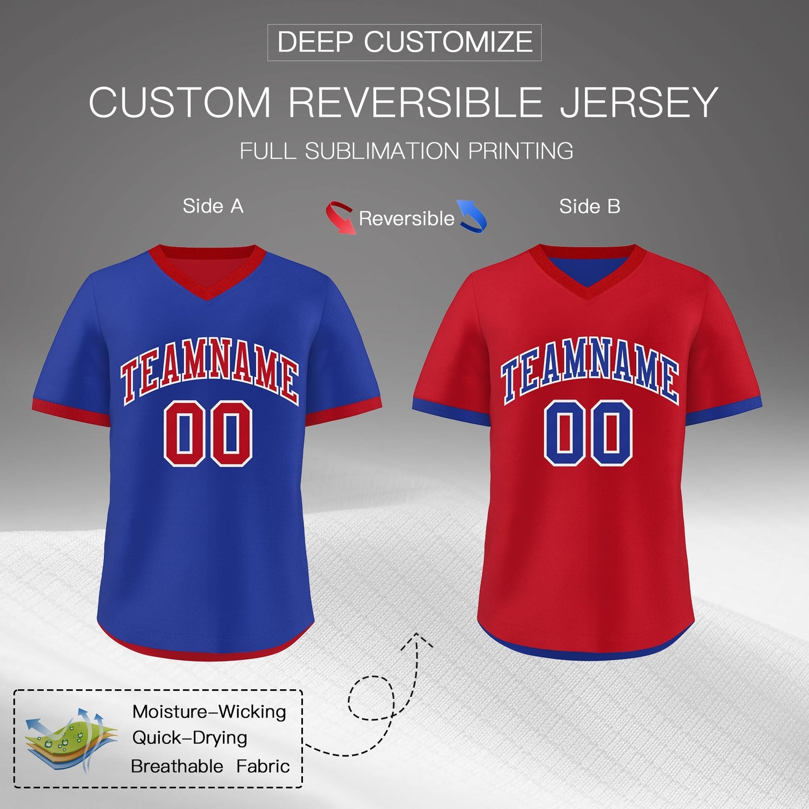 Custom Royal Blue Red Reversible Classic Style Quick Dry Baseball Jersey| KXKSHOP