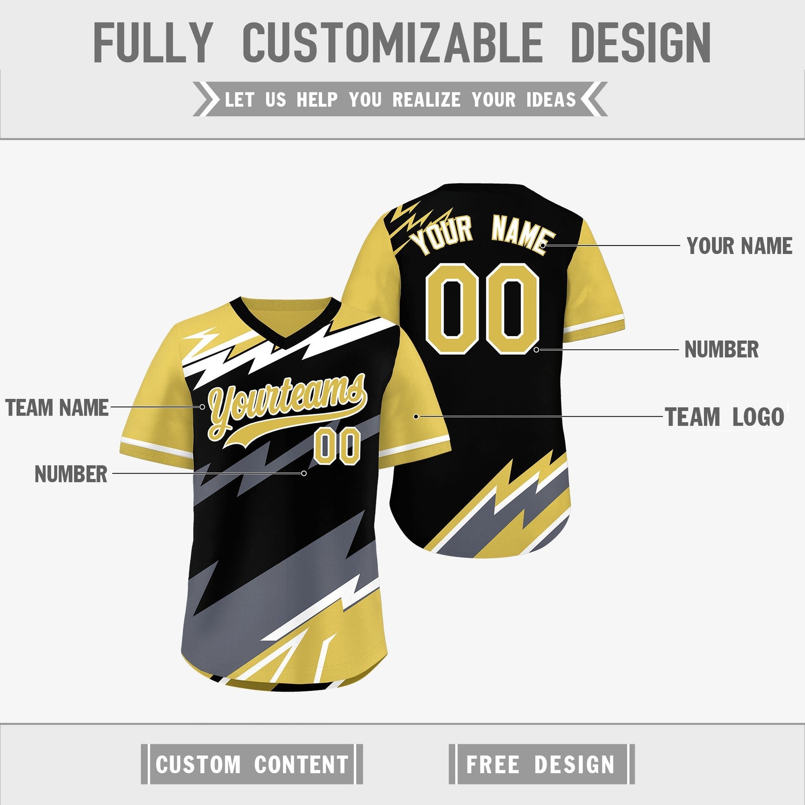 Custom Black Old Gold Gray Reversible Tops Lightning Pattern Graffiti Pattern Pullover V-Neck Baseball Jersey| KXKSHOP