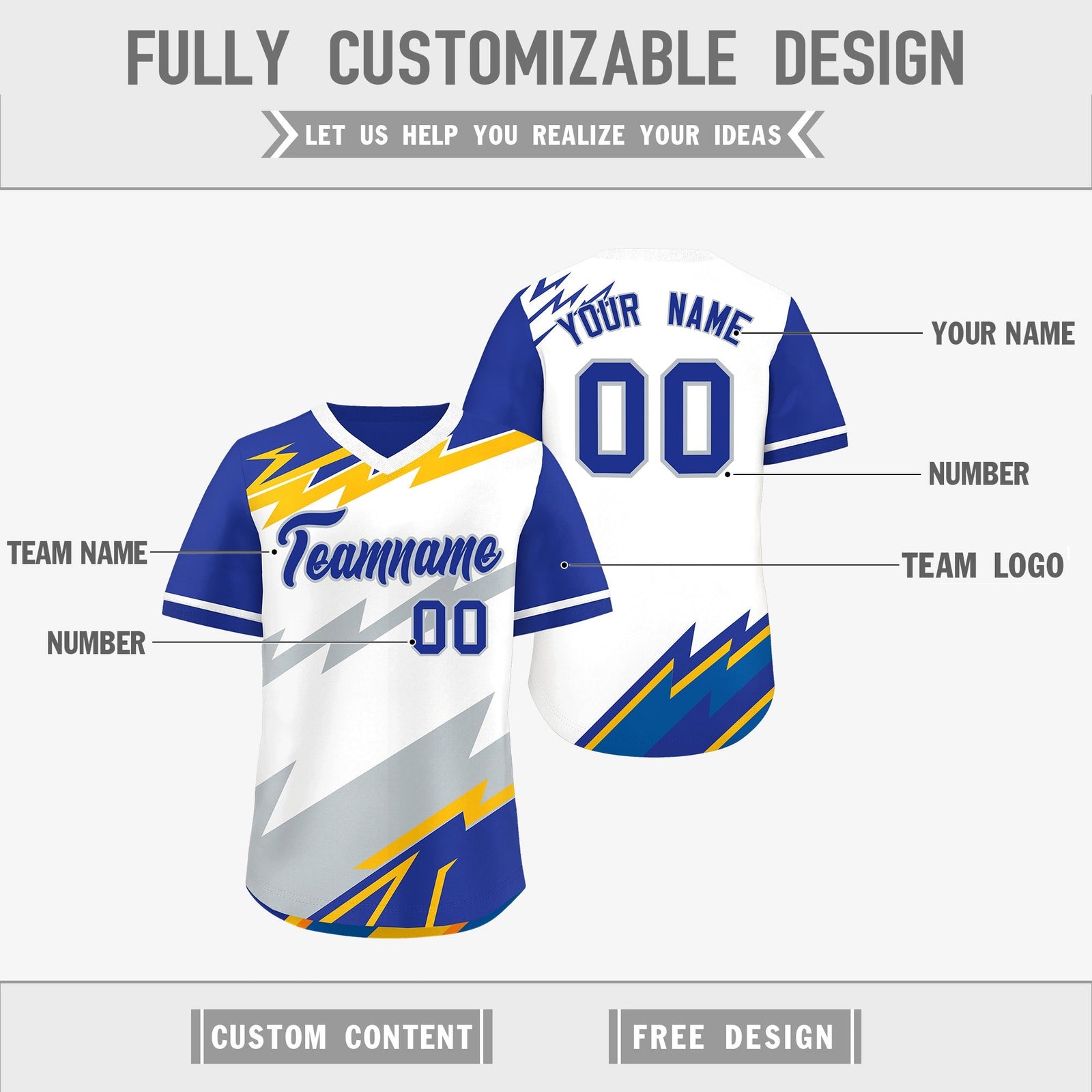 Custom White Royal Blue Silver Reversible Tops Lightning Pattern Graffiti Pattern Pullover V-Neck Baseball Jersey| KXKSHOP