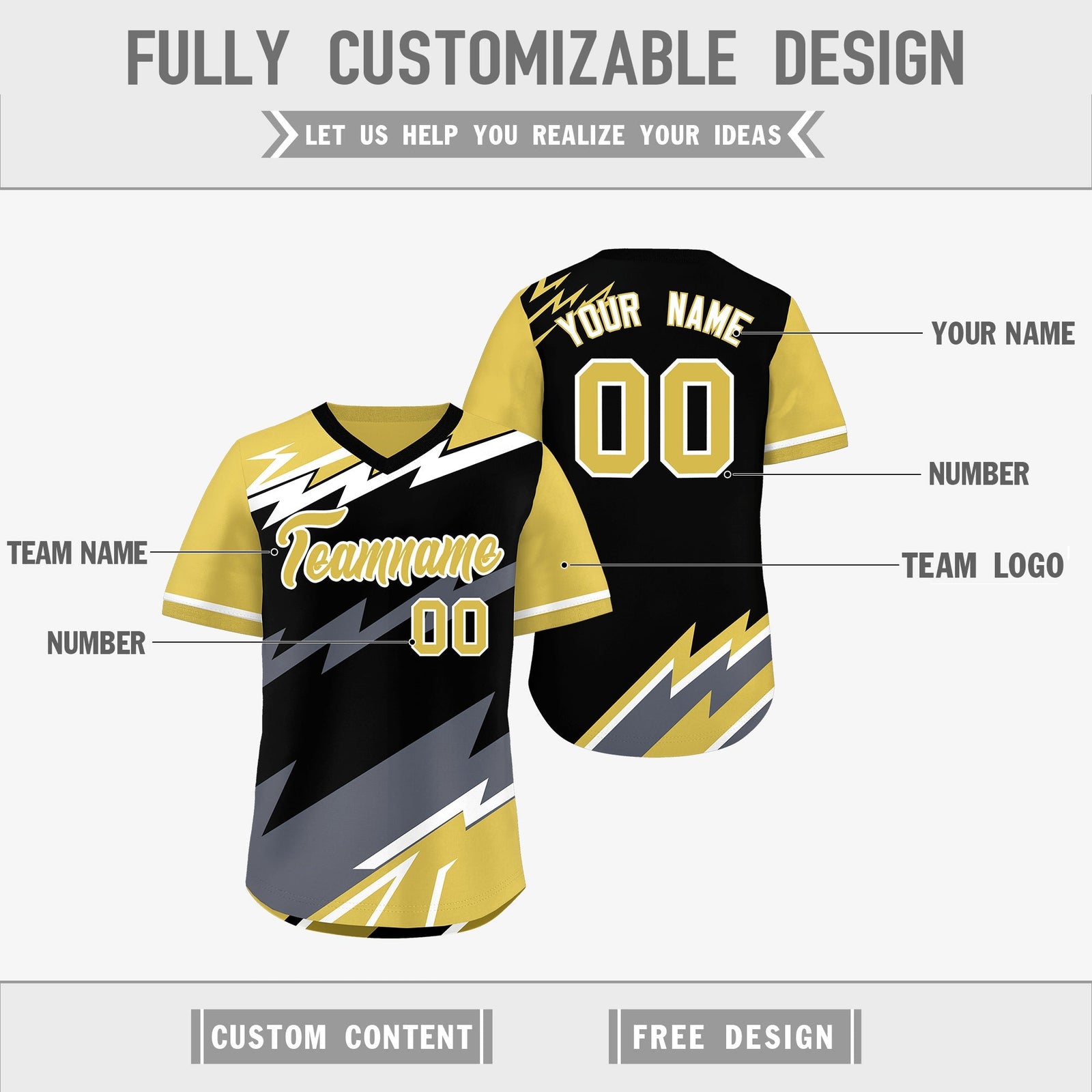 Custom Black Old Gold Gray Reversible Tops Lightning Pattern Graffiti Pattern Pullover V-Neck Baseball Jersey| KXKSHOP