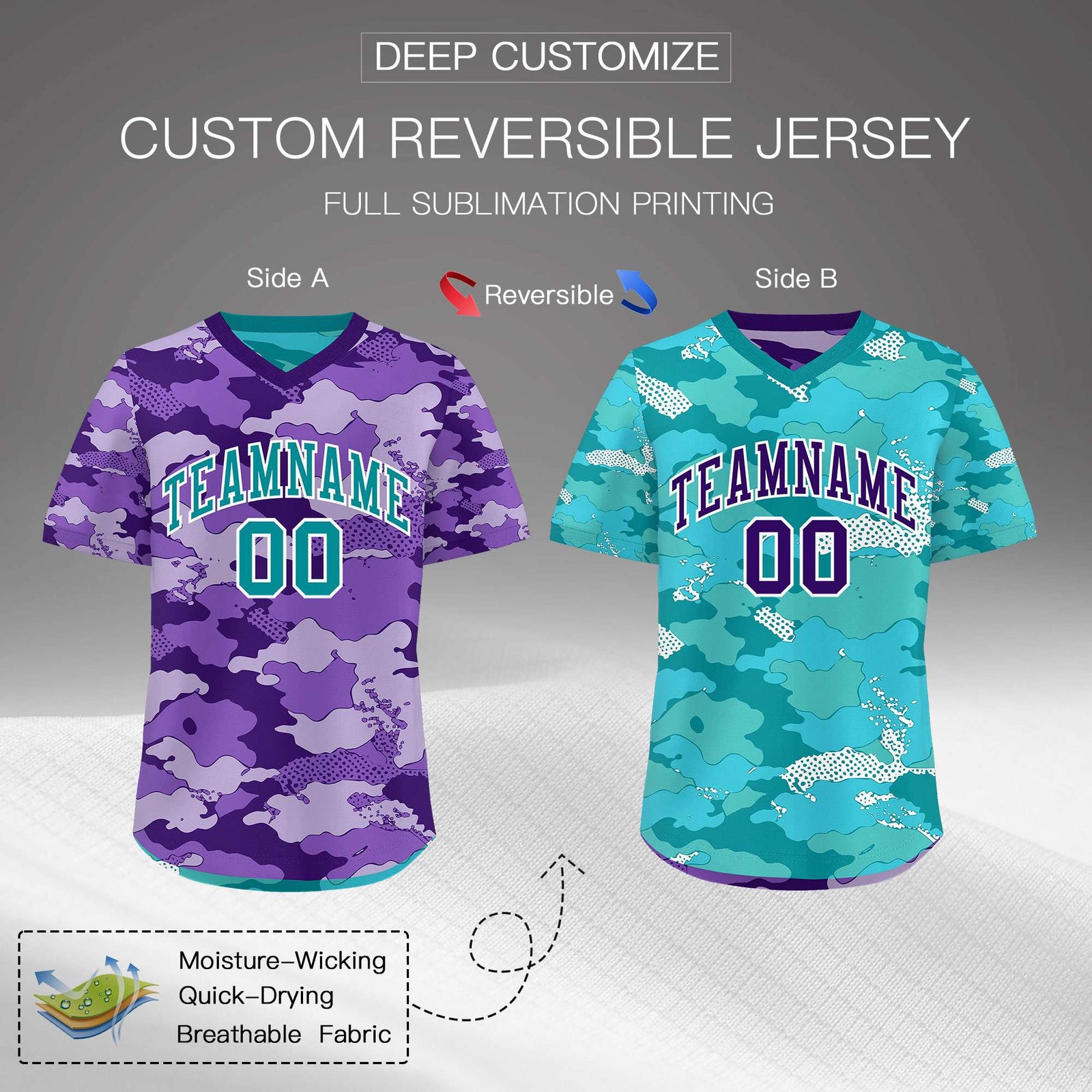 Custom Purple Light Purple Bright Green Reversible Camo Lightweight Baseball Jersey| KXKSHOP