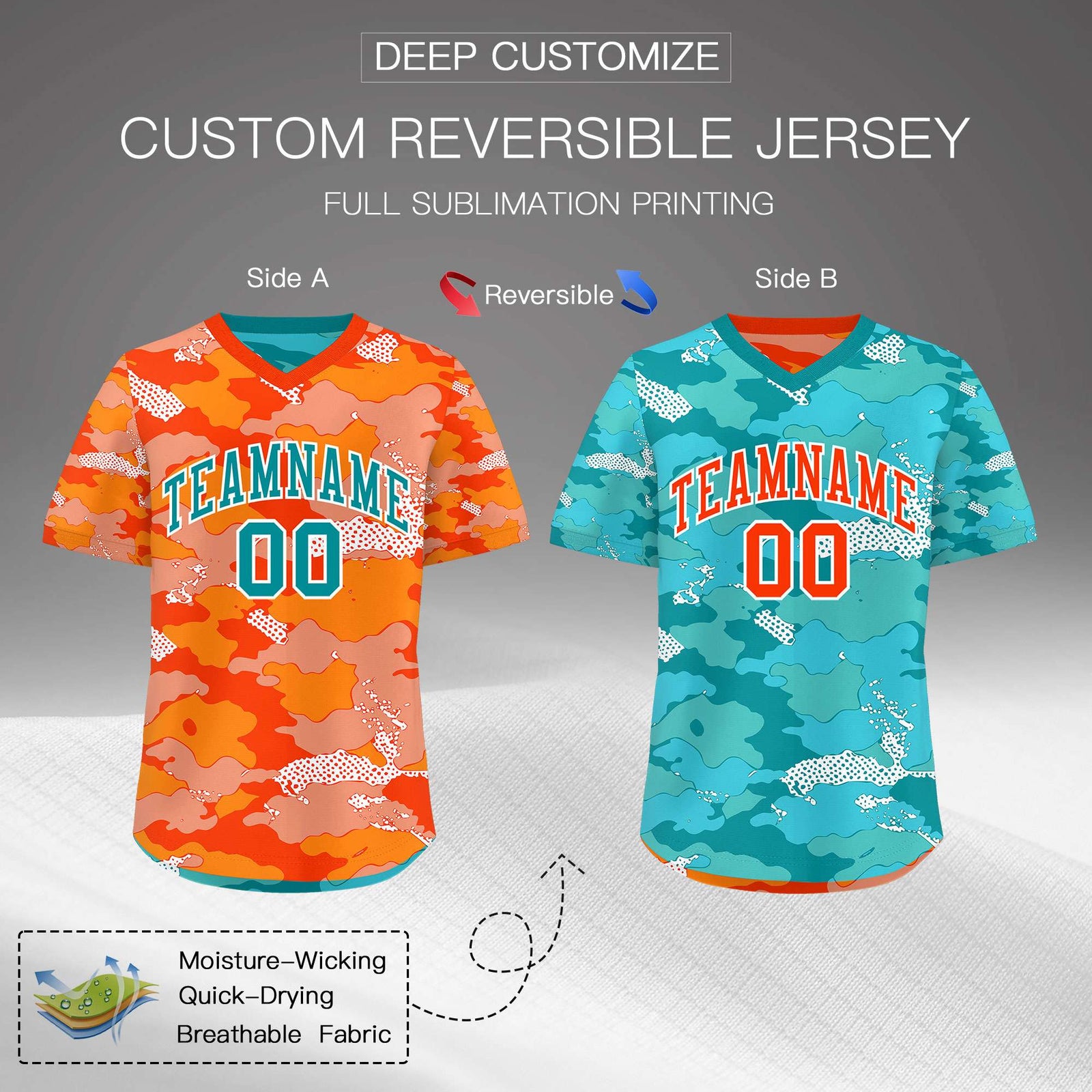 Custom Orange Light Orange Teal Reversible Camo Stretch Fabric Baseball Jersey| KXKSHOP
