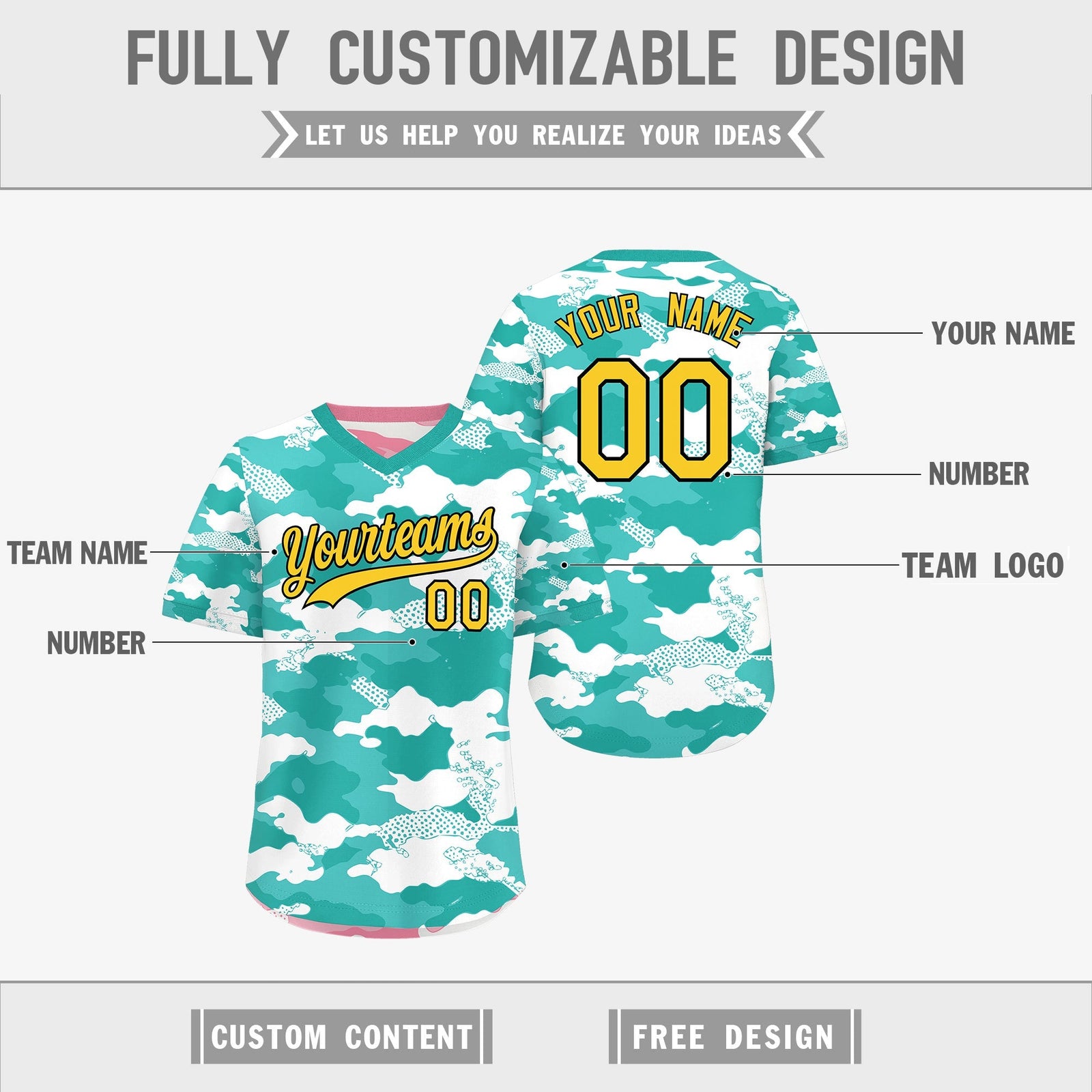 Custom Teal Aqua Light Pink Reversible Camo Stretch Fabric Baseball Jersey| KXKSHOP