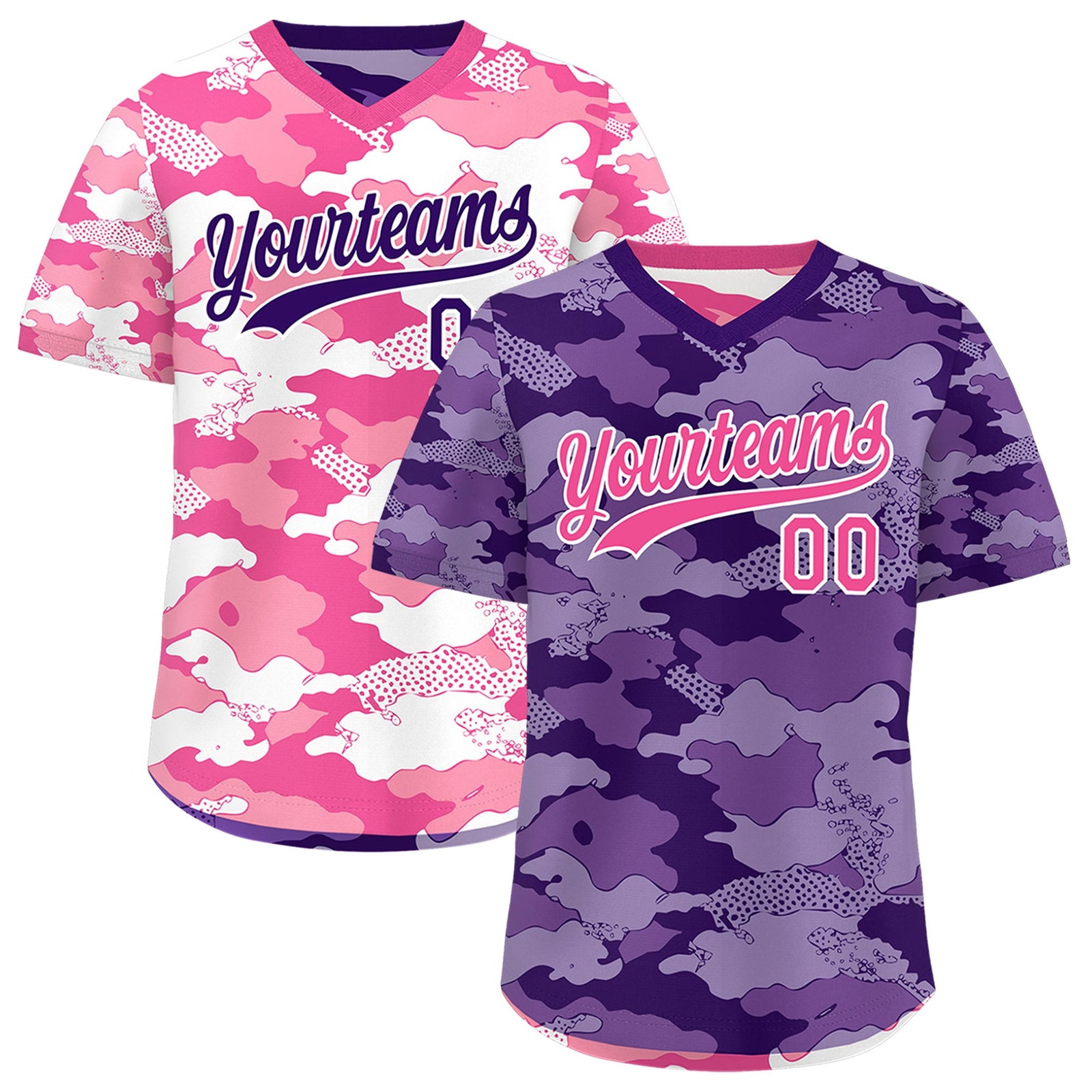 Custom Purple Pink White Reversible Camo Stretch Fabric Baseball Jersey| KXKSHOP