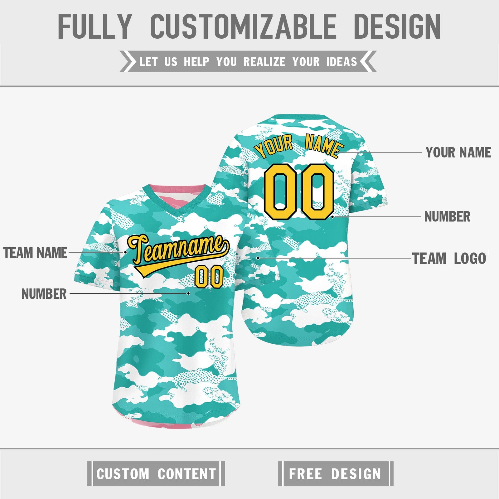 Custom Teal Aqua Light Pink Reversible Camo Stretch Fabric Baseball Jersey| KXKSHOP