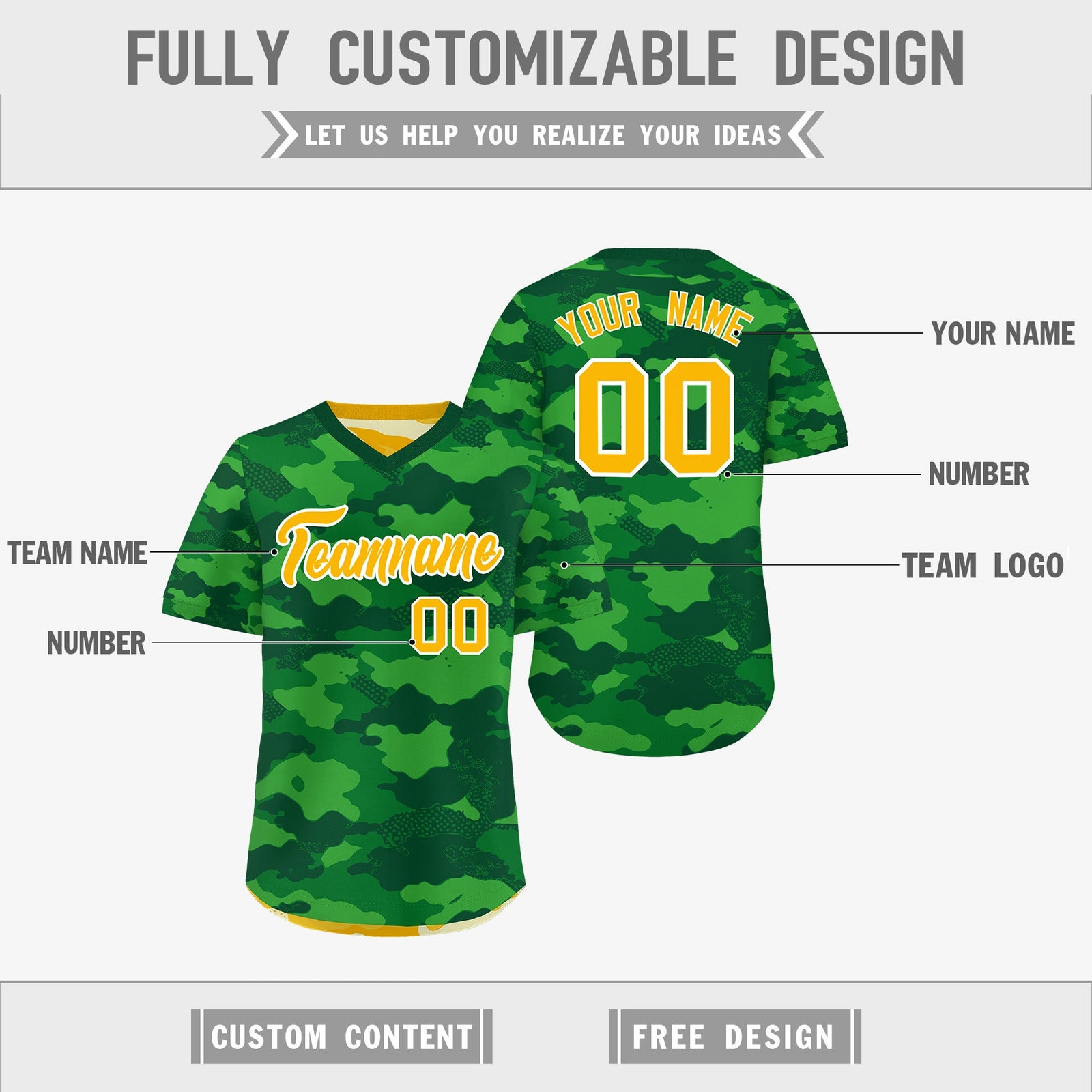 Custom Kelly Green Light Green Yellow Reversible Camo Stretch Fabric Baseball Jersey| KXKSHOP