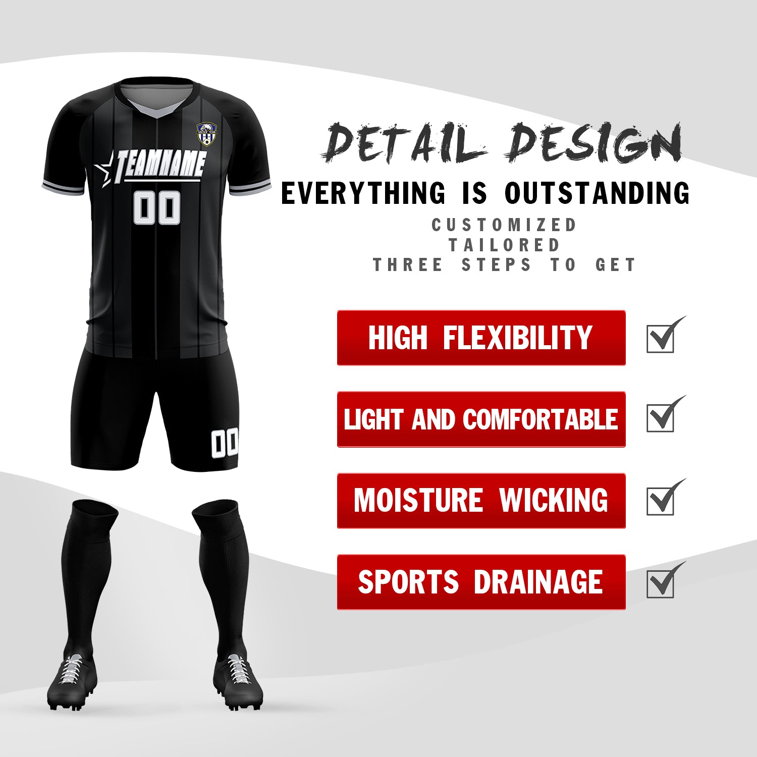 Custom Black Classic Striped Personalized Soccer Tops/Sets Jersey