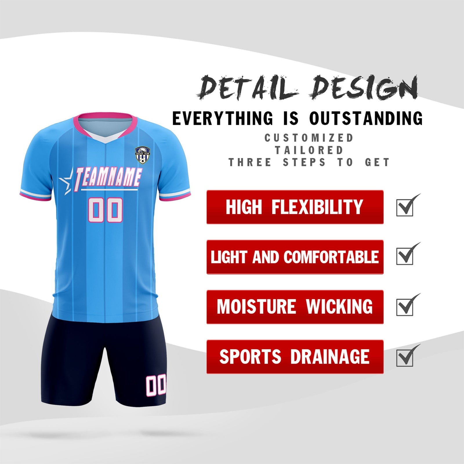 Custom Powder Blue Classic Striped Personalized Soccer Tops/Sets Jersey