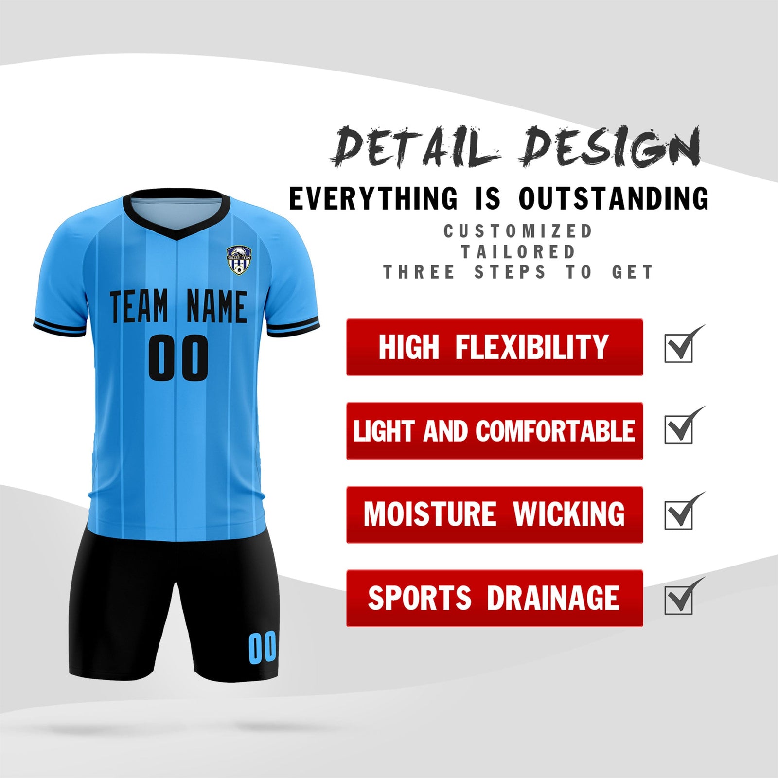 Custom Powder Blue Classic Striped Personalized Soccer Tops/Sets Jersey