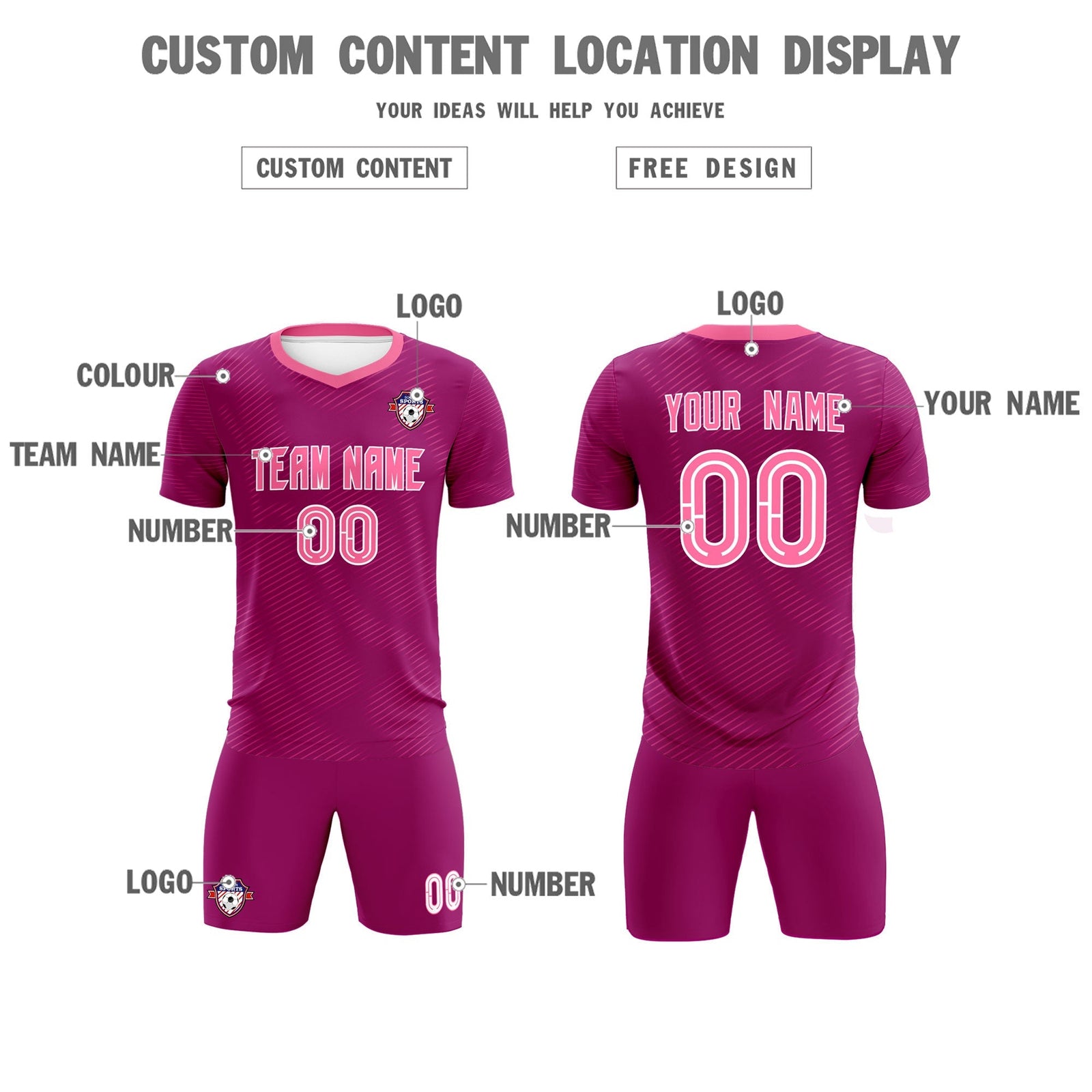 Custom Rose Red Pink Training Uniform For Men Soccer Sets Jersey