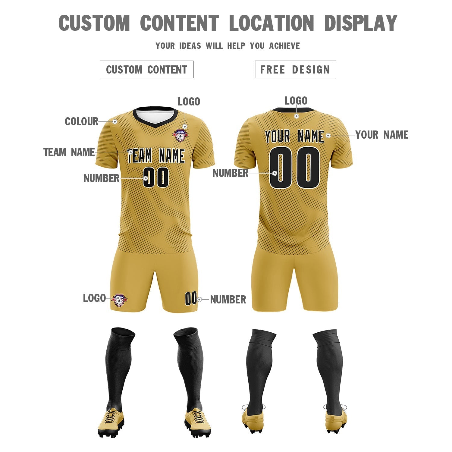 Custom Old Gold Black Training Uniform For Men Soccer Sets Jersey