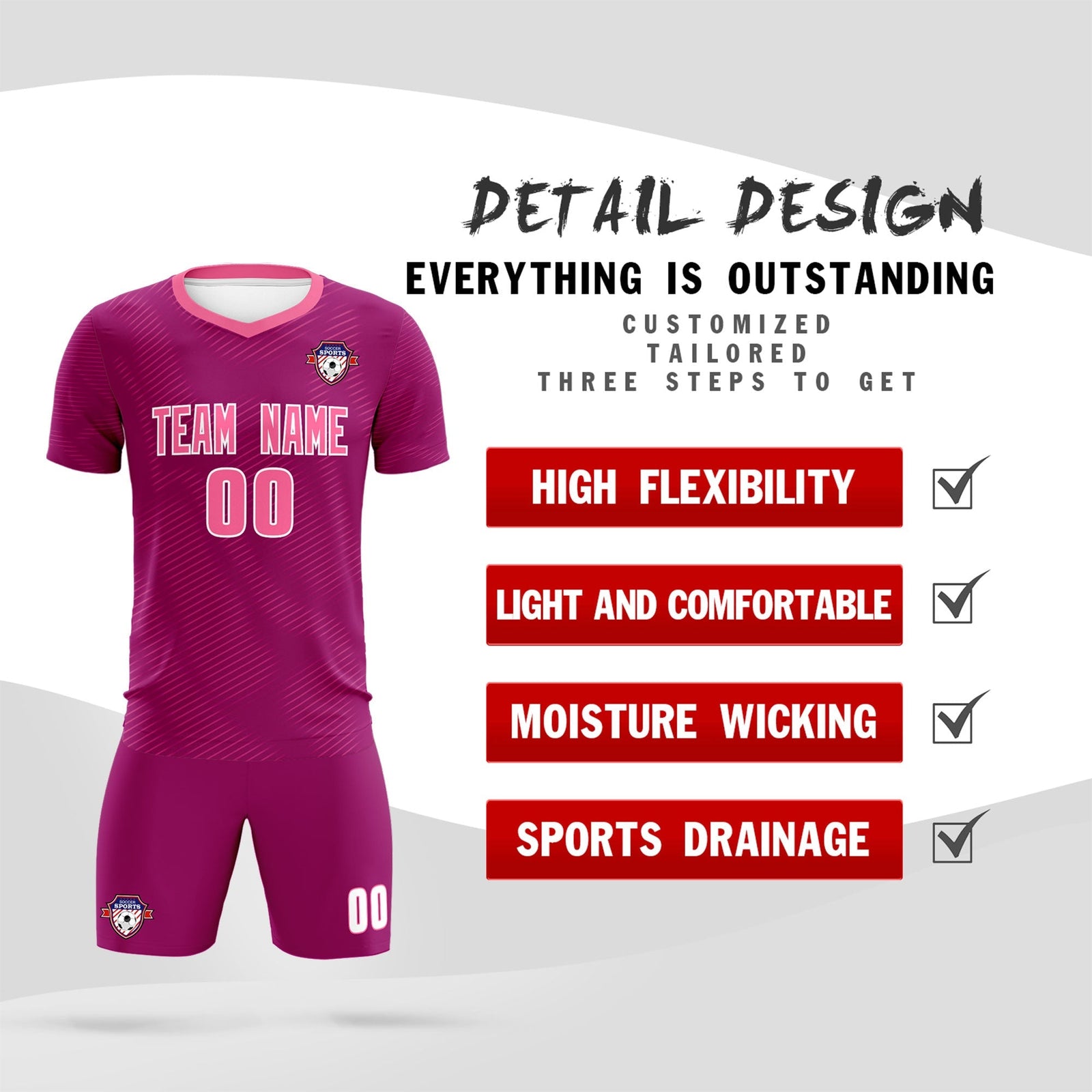 Custom Rose Red Pink Training Uniform For Men Soccer Sets Jersey