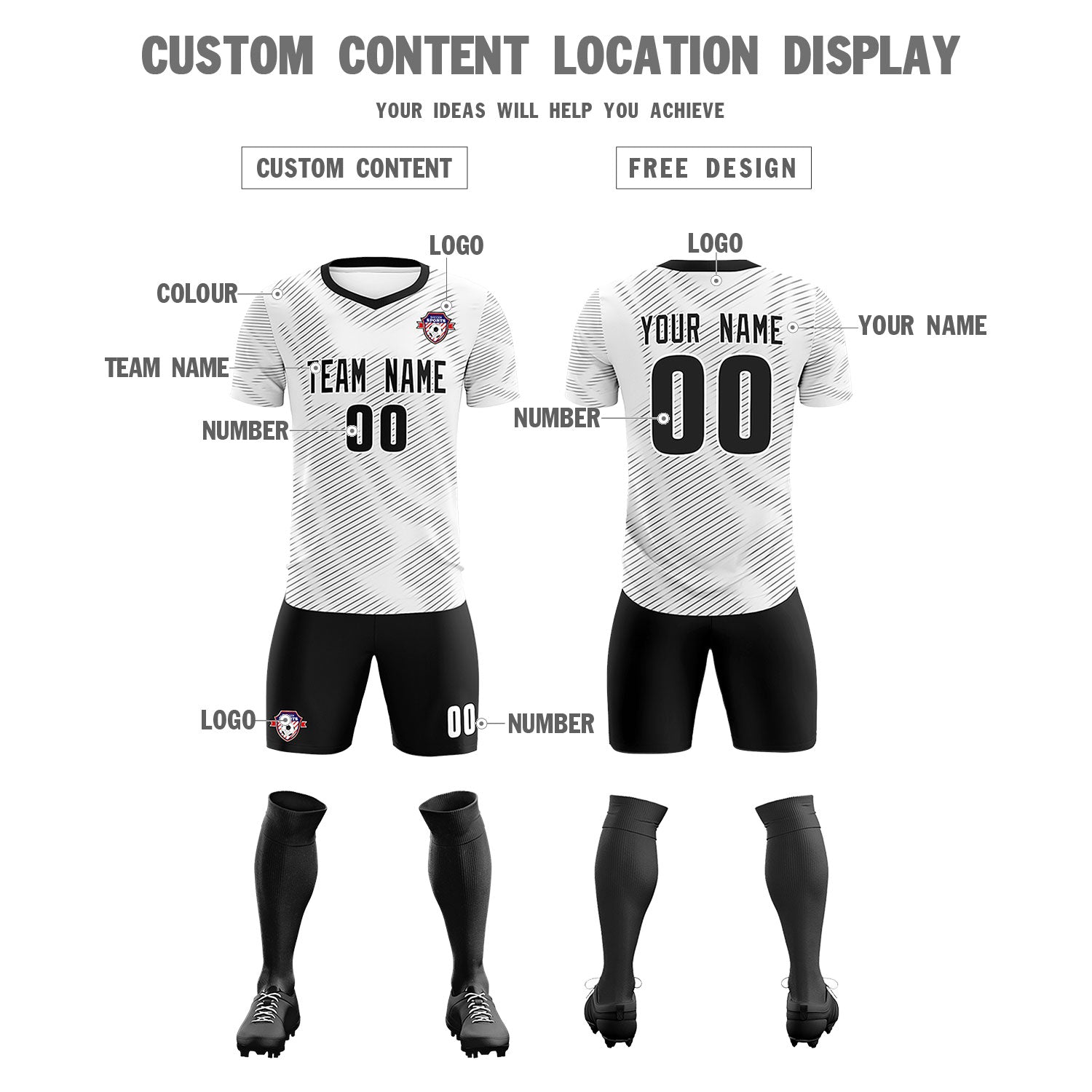 Custom White Black Training Uniform For Men Soccer Sets Jersey