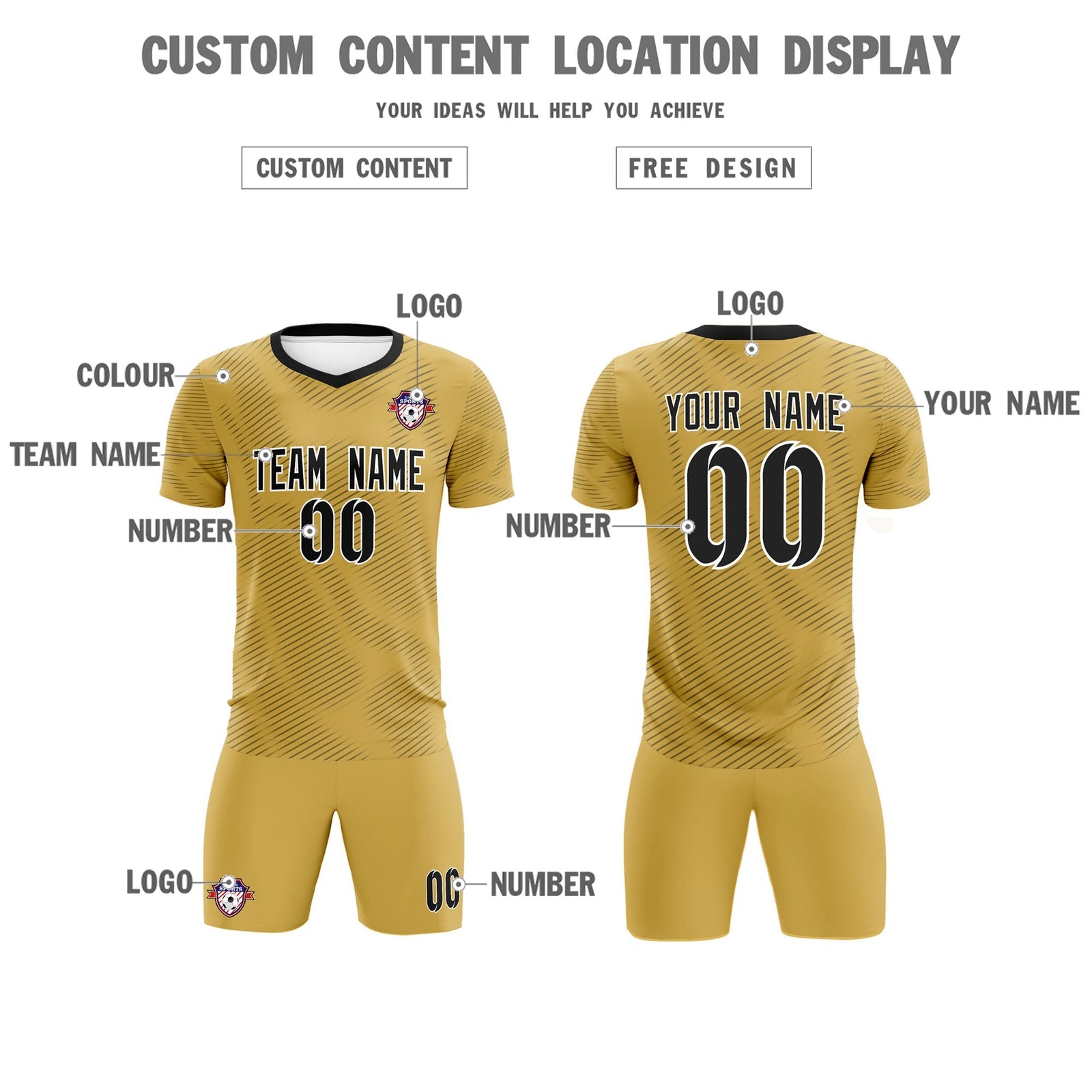 Custom Old Gold Black Training Uniform For Men Soccer Sets Jersey