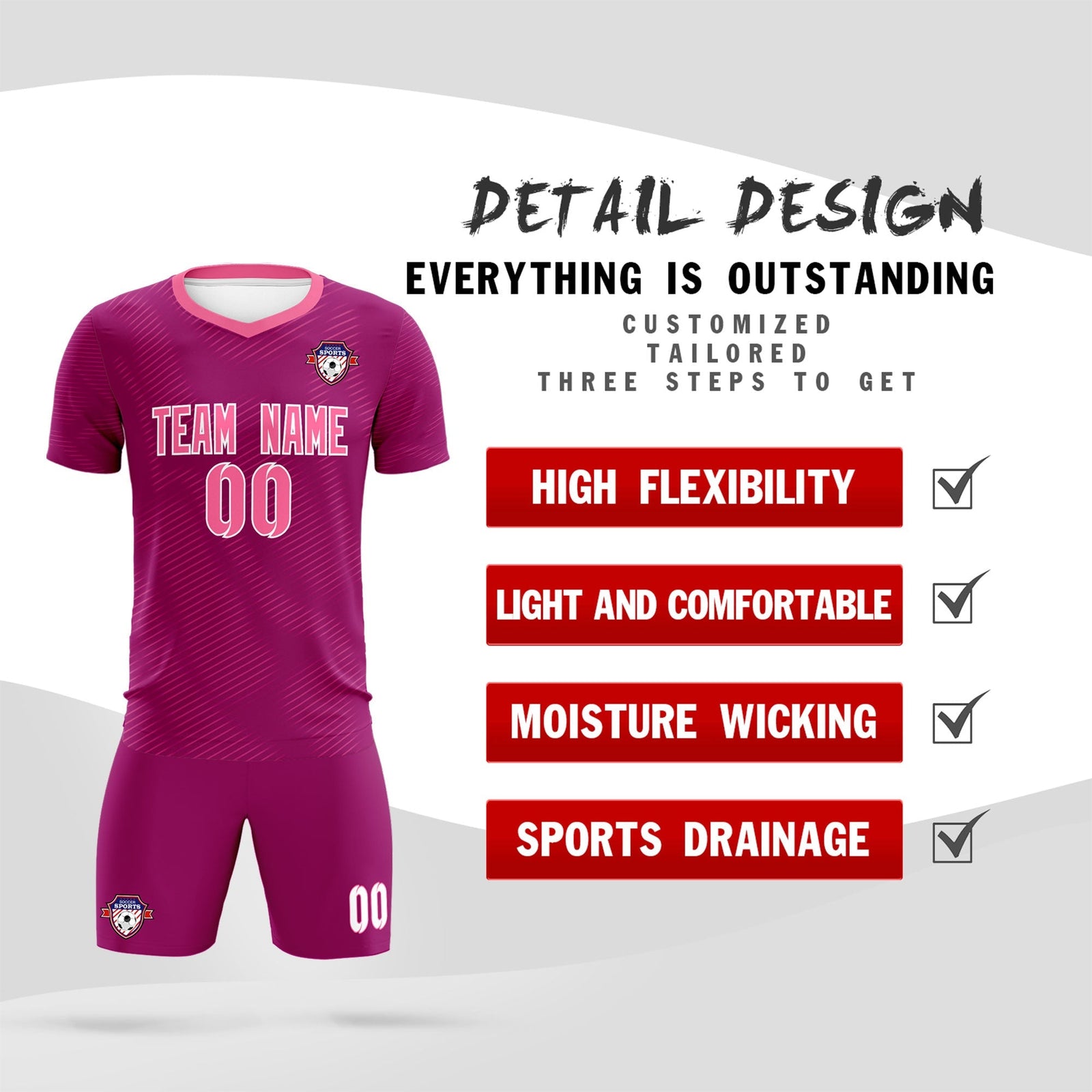Custom Rose Red Pink Training Uniform For Men Soccer Sets Jersey