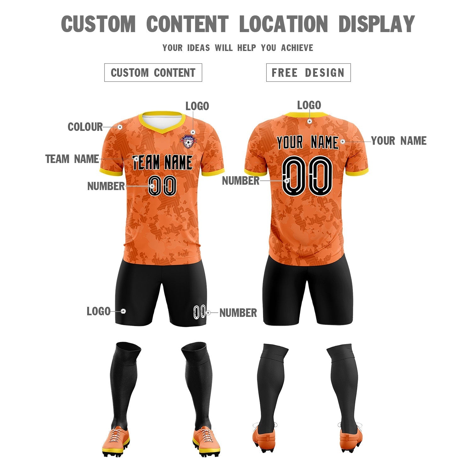 Custom Orange Camo sports Soccer Tops/Sets Jersey