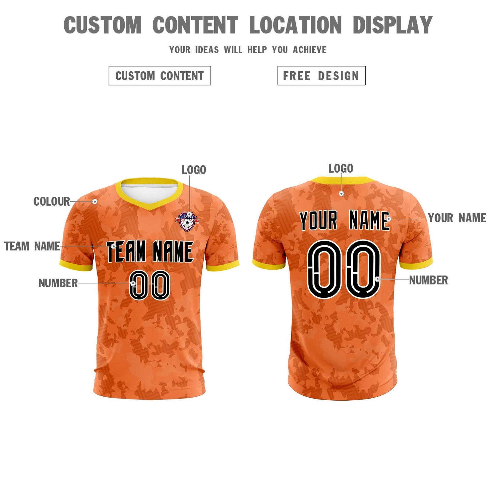Custom Orange Camo sports Soccer Tops/Sets Jersey