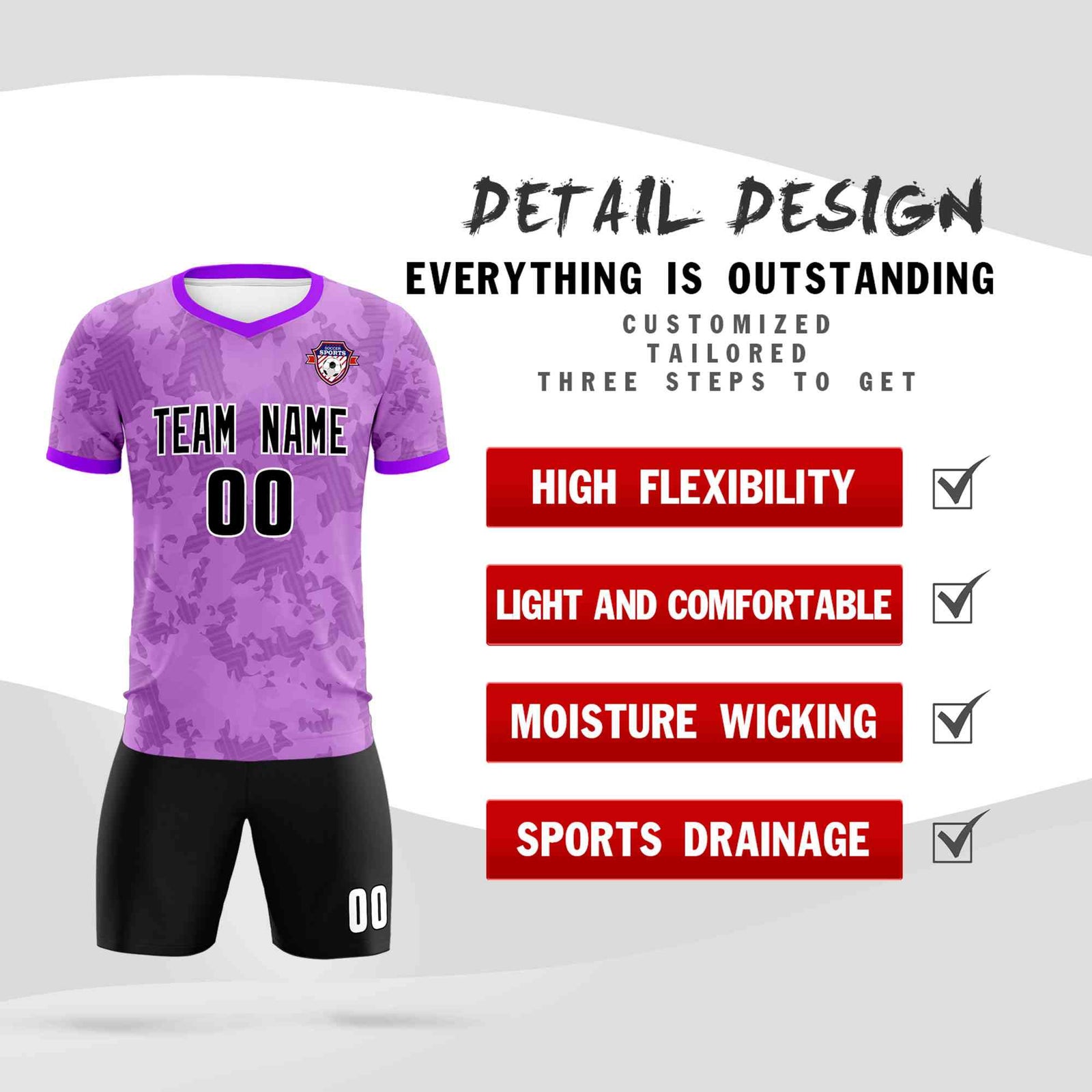 Custom Light Purple Camo sports Soccer Tops/Sets Jersey