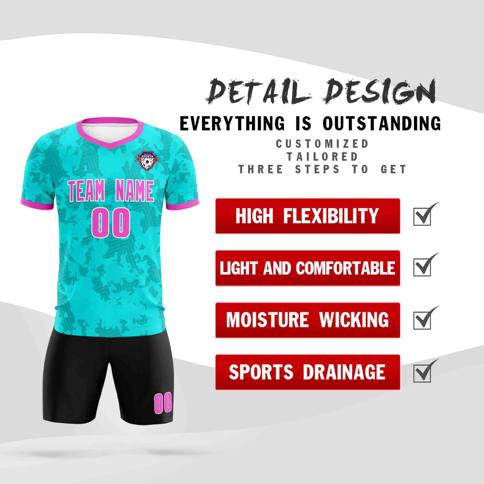 Custom Aqua Camo sports Soccer Tops/Sets Jersey