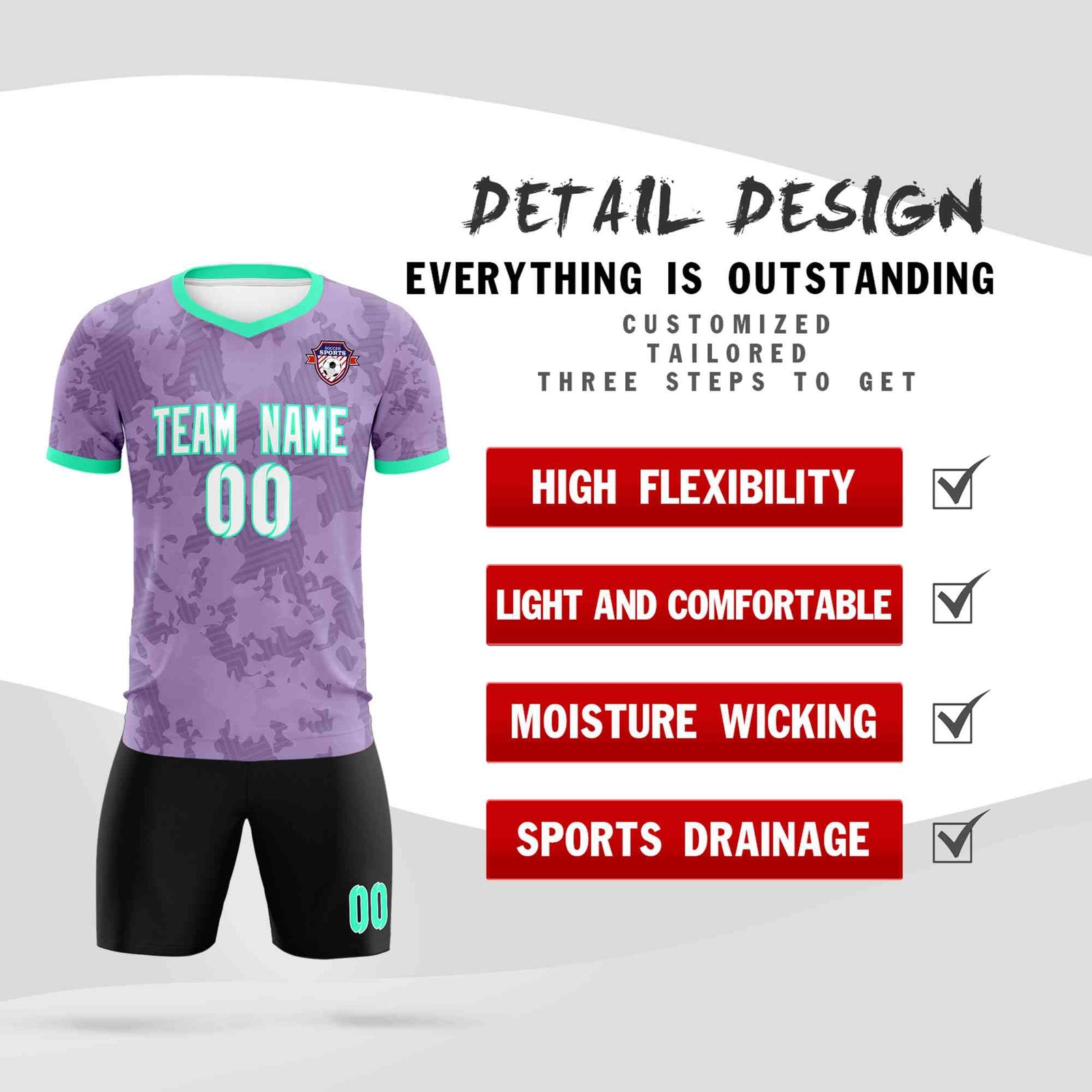 Custom Light Purple Camo sports Soccer Tops/Sets Jersey