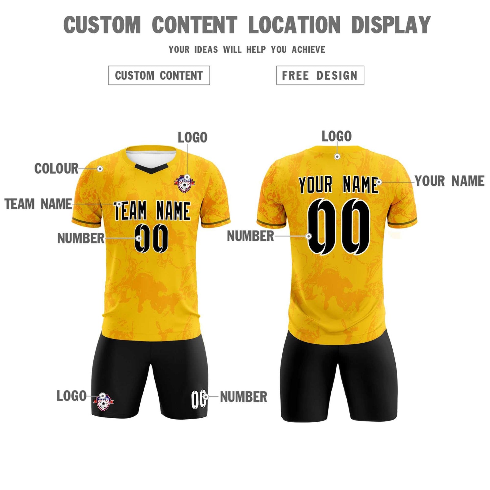 Custom Gold Classic Graffiti Pattern Sportswear Soccer Tops/Sets Jersey