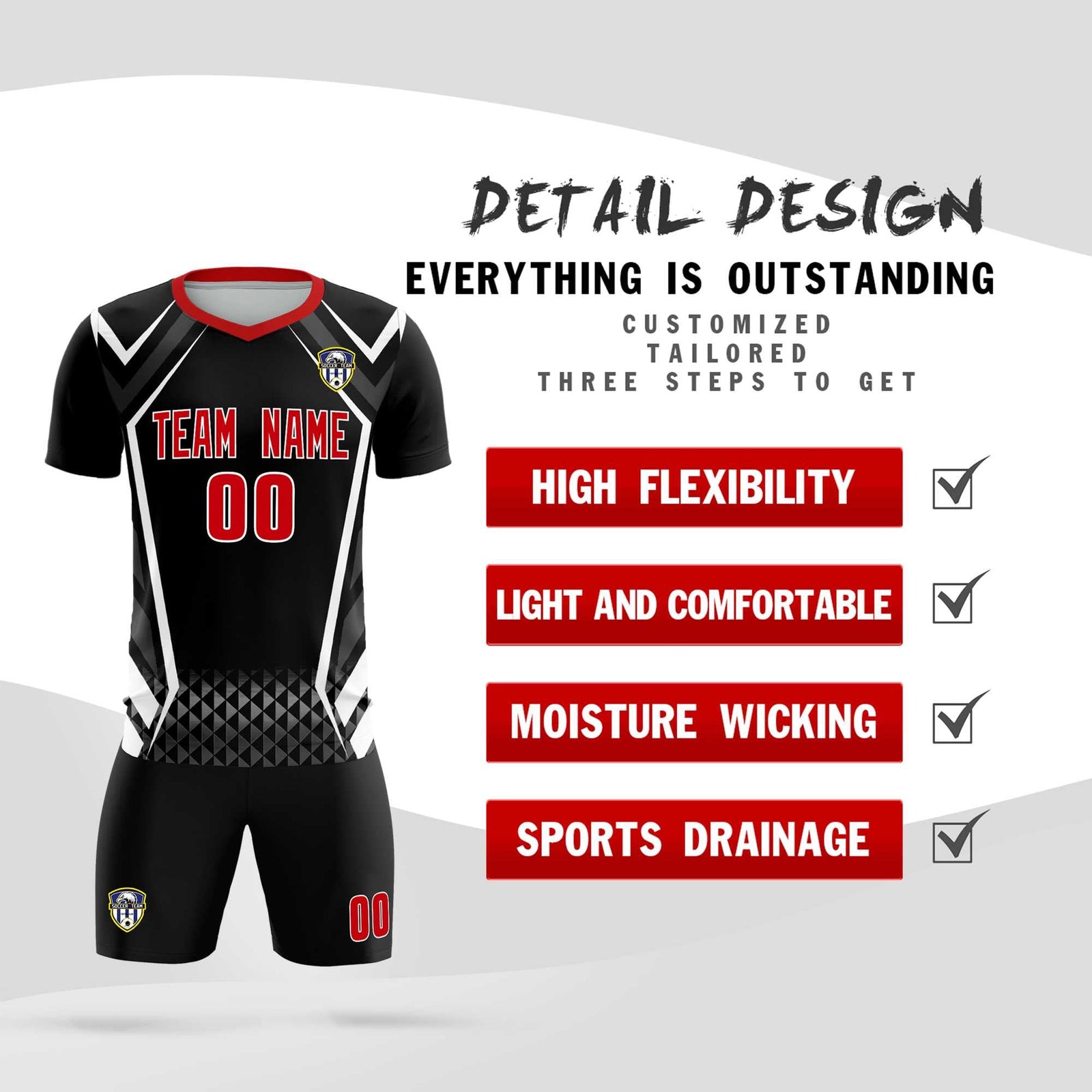Custom Black Abstract Breathable Soccer Tops/Sets Jersey