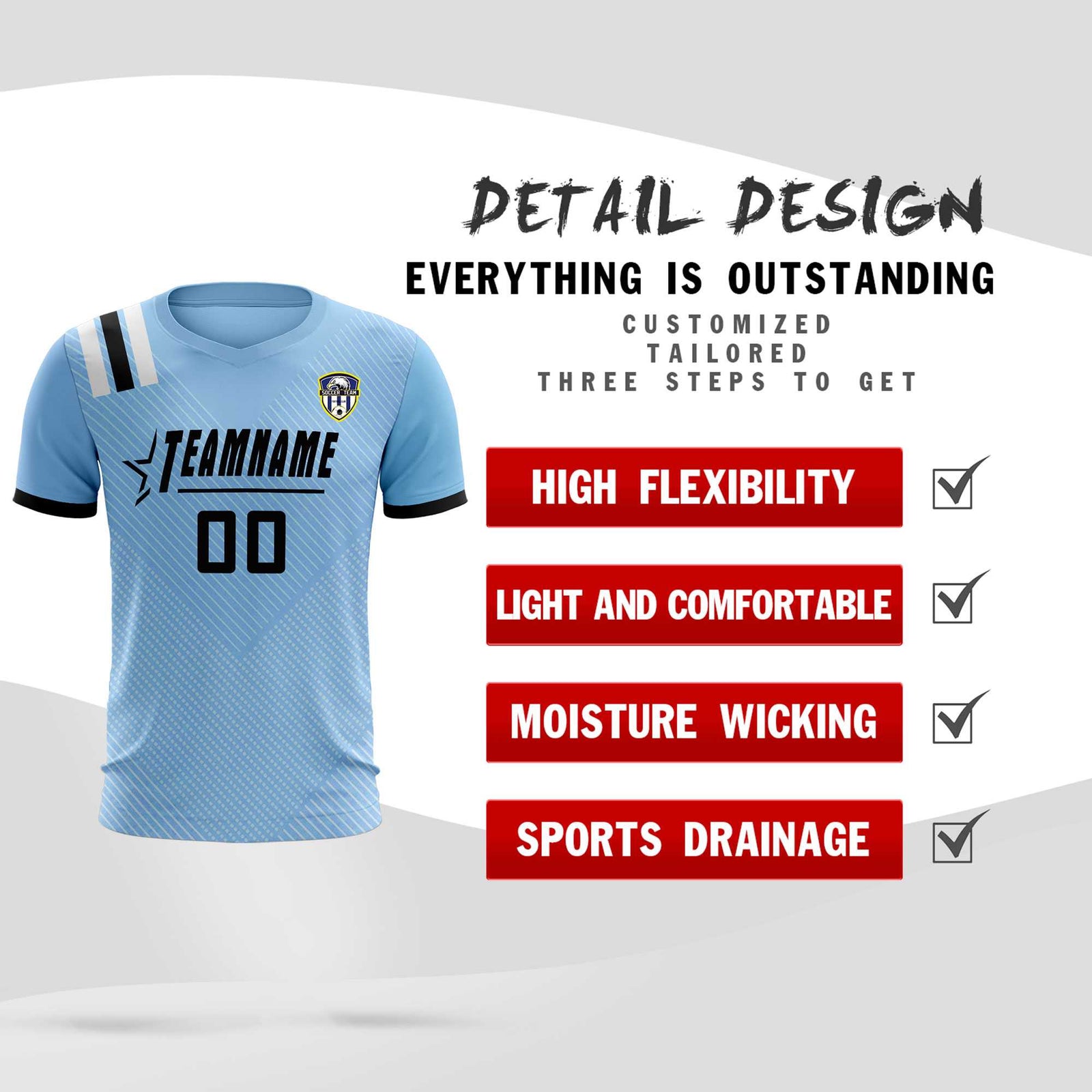 Custom Light Blue Striped Sportswear Soccer Tops/Sets Jersey For Adults