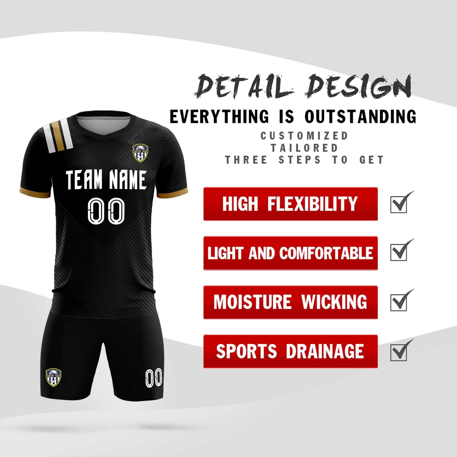 Custom Black Striped Sportswear Soccer Tops/Sets Jersey For Adults