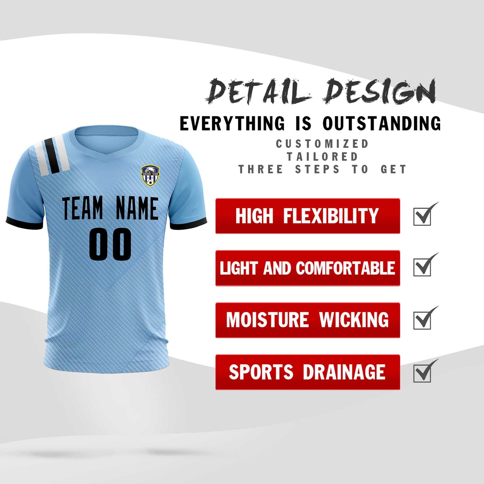 Custom Light Blue Striped Sportswear Soccer Tops/Sets Jersey For Adults